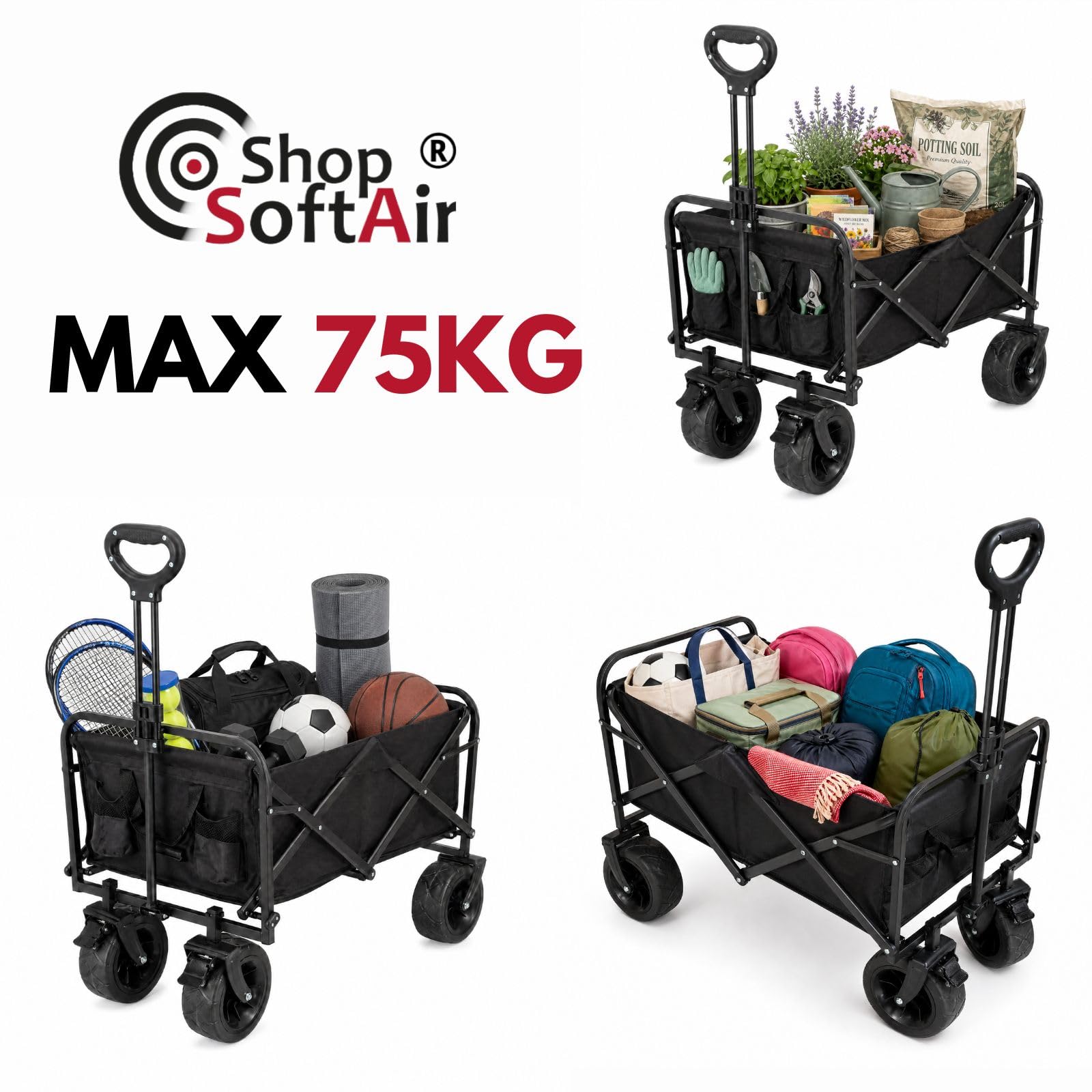 Carrello Pieghevole Multiuso, Nero o Blu, Acciaio e PVC Oxford, 52x88 cm, Portata 75 kg, Manico Retrattile, 4 Ruote (NERO)