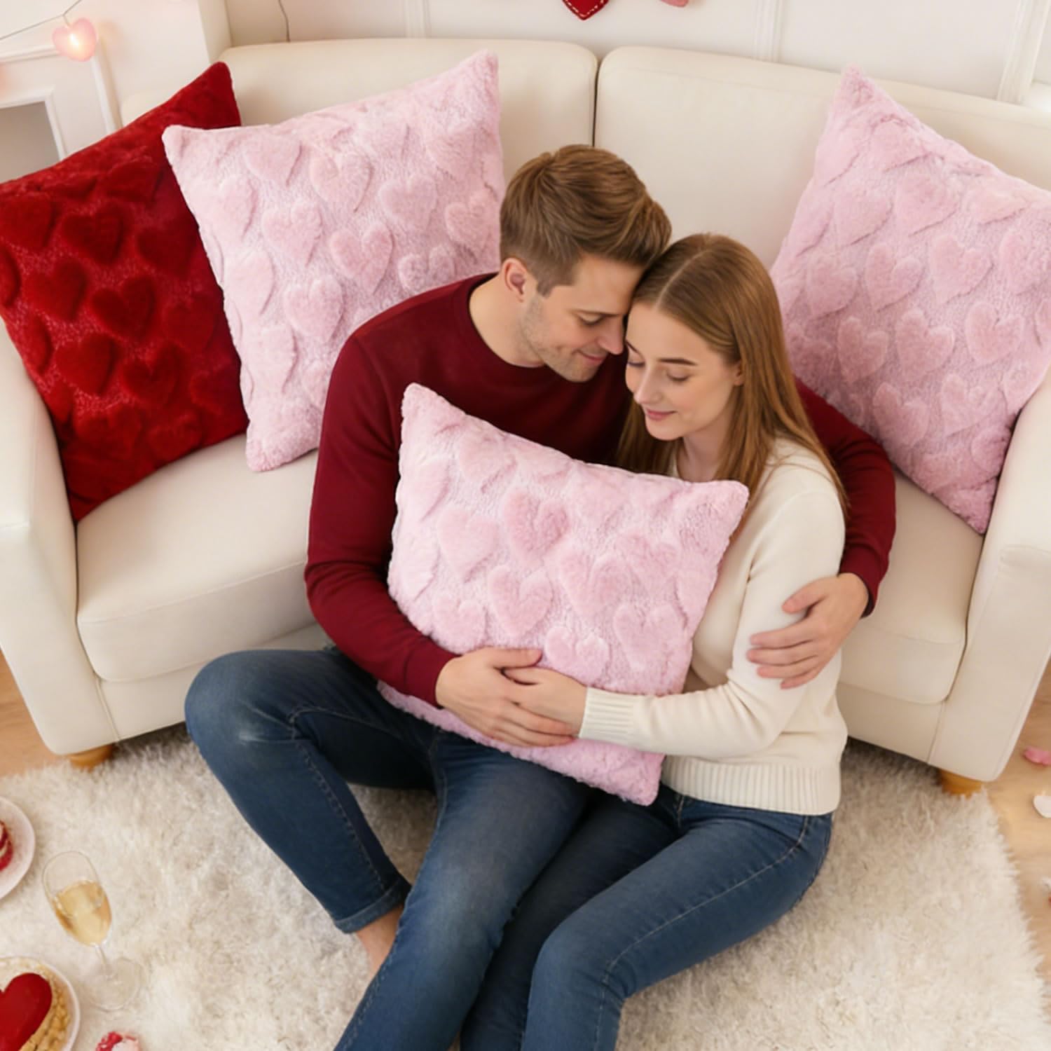 Valentines Day Pillow Covers 18x18 Inch, Pink Heart Love Pillows Cover Valentine Decorations for the Home, Faux Fur Plush Throw Pillows Cover for Couch, Gift for Girlfriend Lover Mother, Set of 2