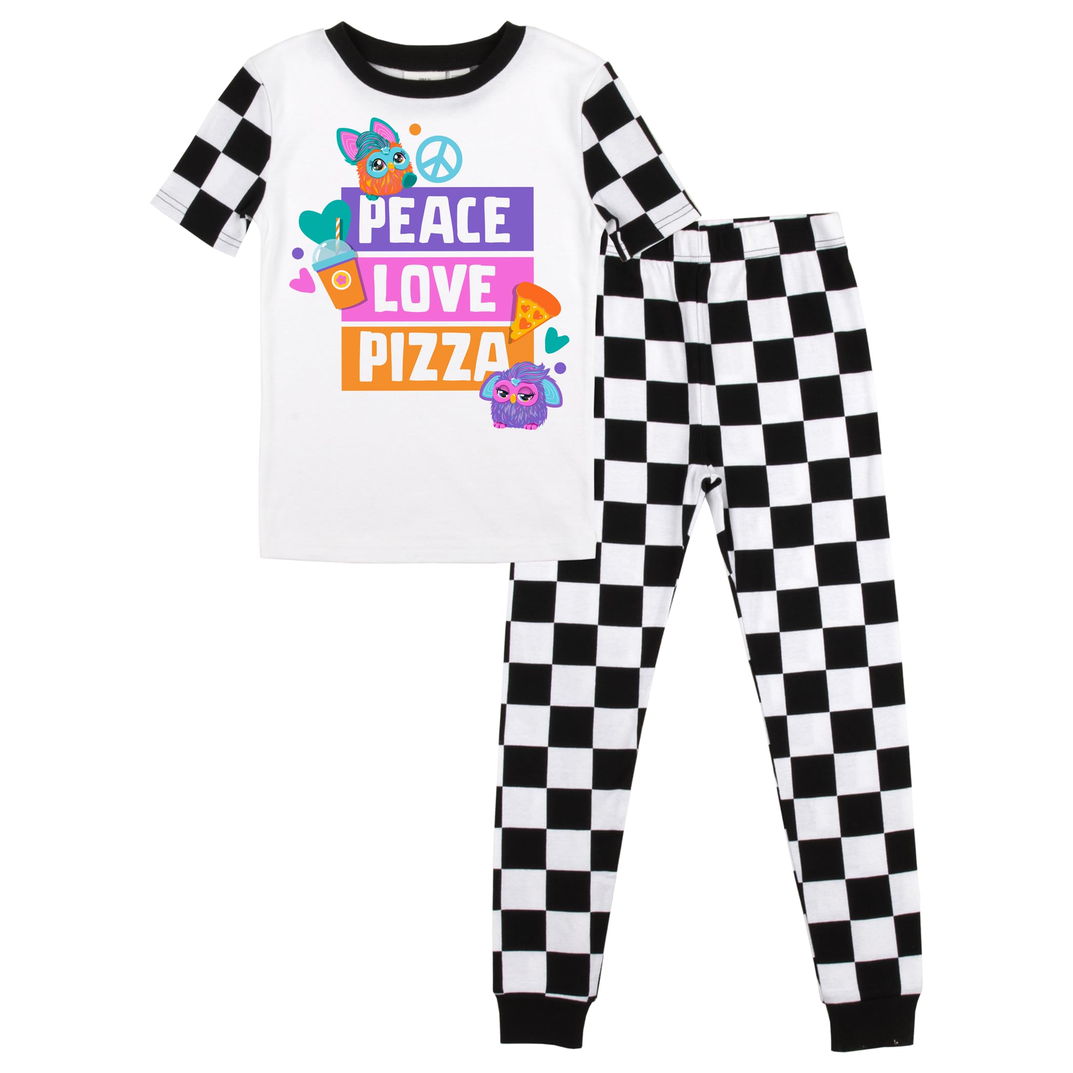 Bioworld Furby Peace, Love, Pizza Youth Short Sleeve Shirt & Checkered Sleep Pajama Pants Set