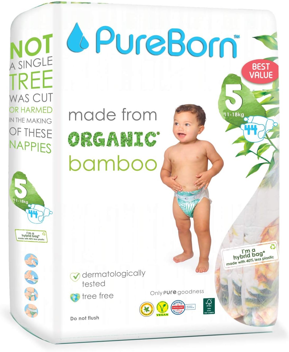 PureBorn Nappies Pure Organic Bamboo Nappies – Nappies Size 5 Hypoallergenic 44 - Nappies Ultra Soft (11 - 18 kg) 100% Plant Based Eco Friendly Daisy Print
