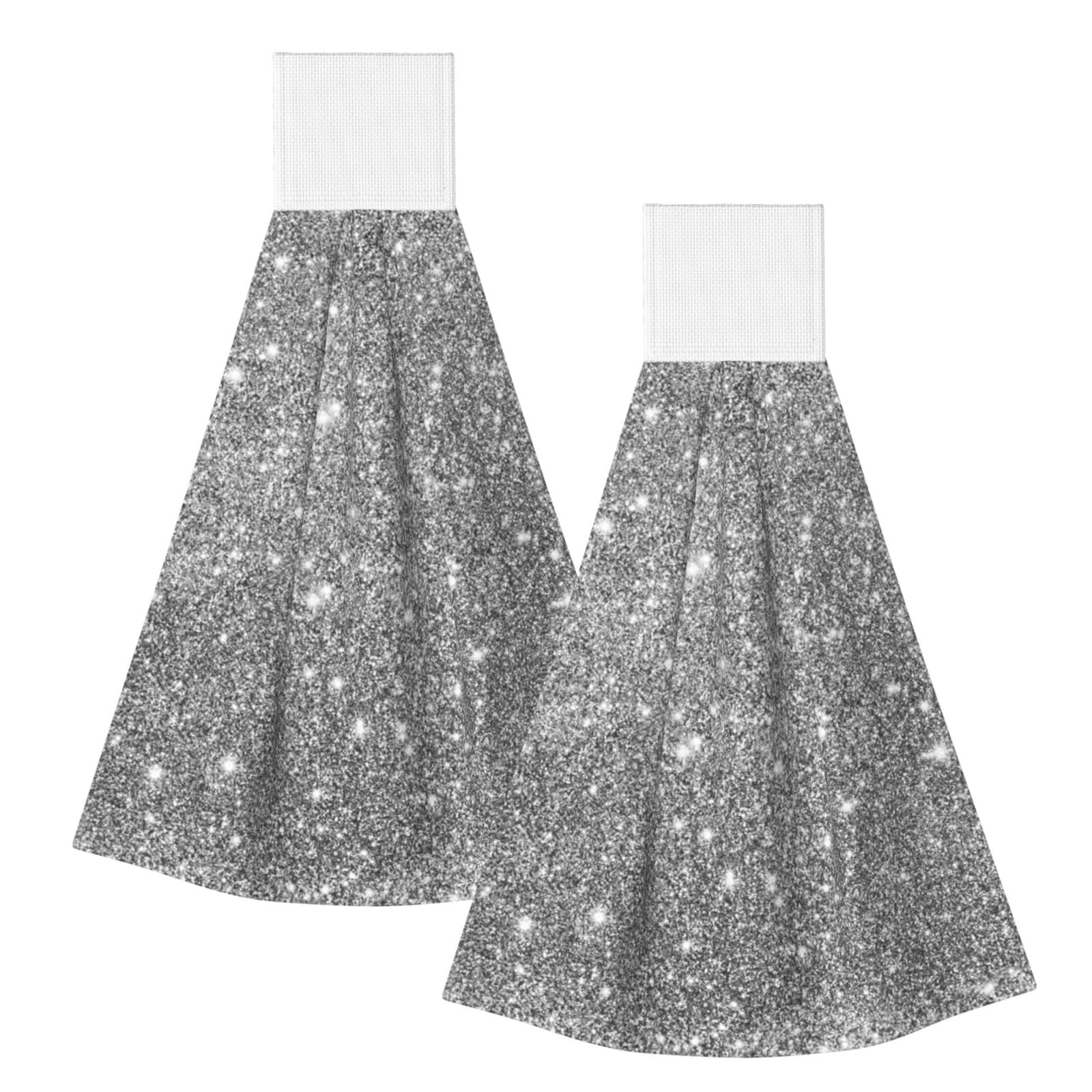 DOPKLNA Silver Glitter Sparkles, 2 Pcs Hanging Coral Fiber Hand Towels for Bathroom, Absorbent Kitchen Towels