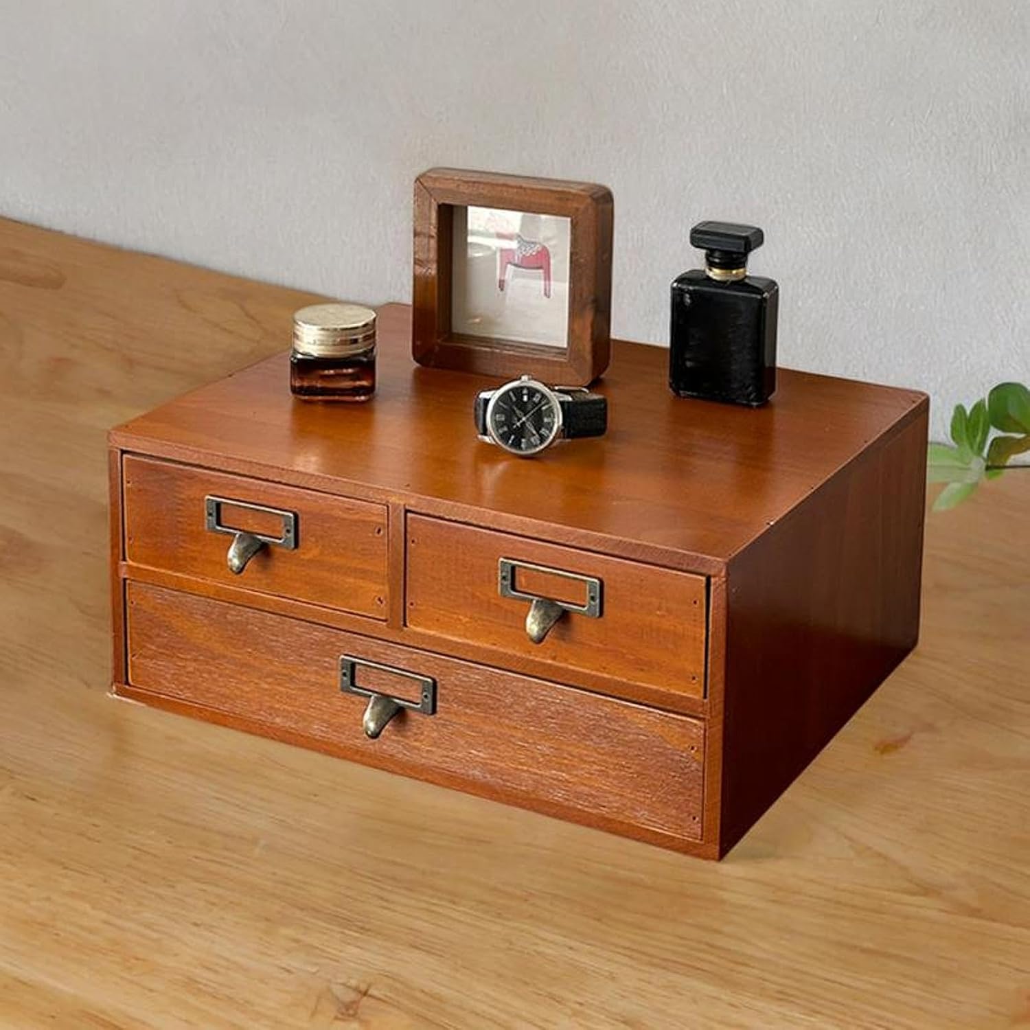 Desk Organizer Cabinet Wooden Storage Box Card Holder Tabletop Drawer Stationery Drawer Organizer for Dorm Living Room School, Brown