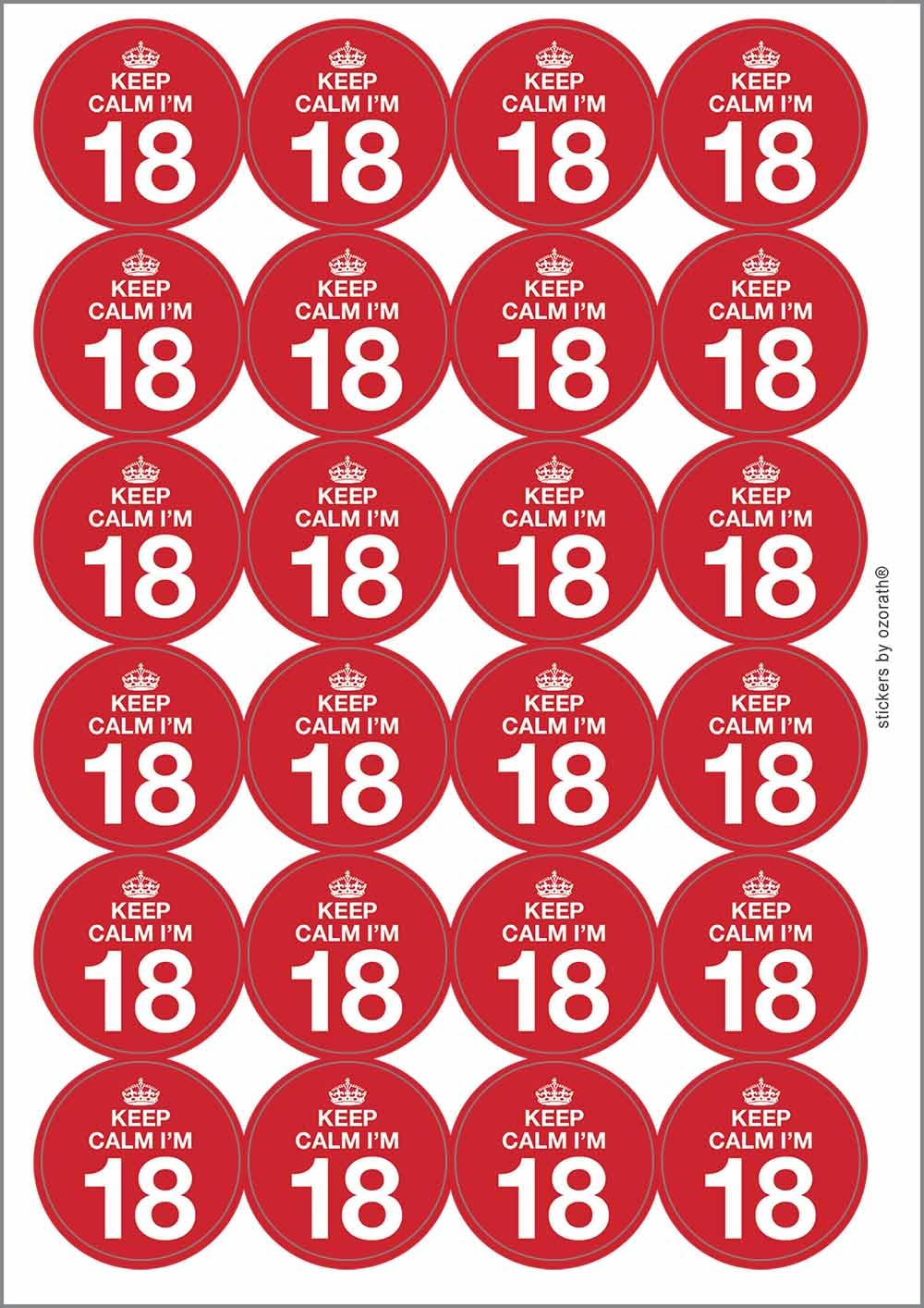 Keep Calm I'm 18 Eighteen Eighteenth 18th Birthday Circular Matt Paper Stickers A4 Sheet of 24 (Each Sticker is 45mm Diameter)