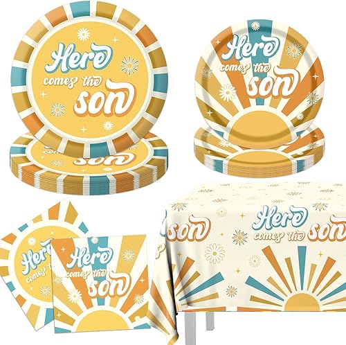 Here Comes The Son - Decoraciones para baby shower, vajilla para el primer viaje alrededor del sol, incluye platos bohemios retro y servilletas,