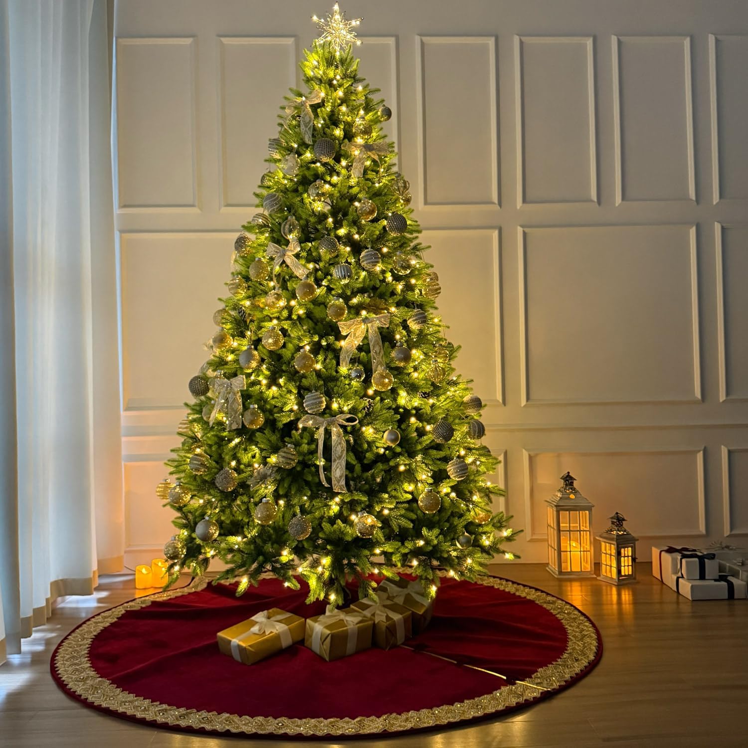 84-Inch Venetian Gilded Velvet Christmas Tree Skirt with Gold Embellished Border, Foam-Padded, Button Closure, Burgundy