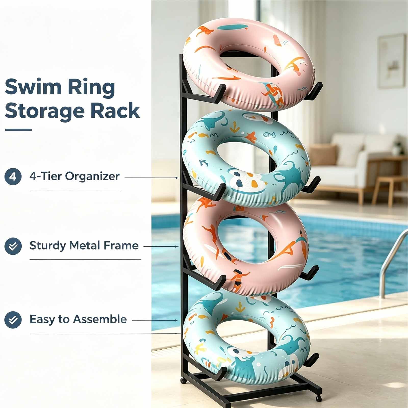 Organizer per galleggianti da piscina con ruote, scaffale a 4 ripiani per galleggianti da piscina, organizer in metallo per paddleboard con 4 ruote per area piscina esterna (nero)