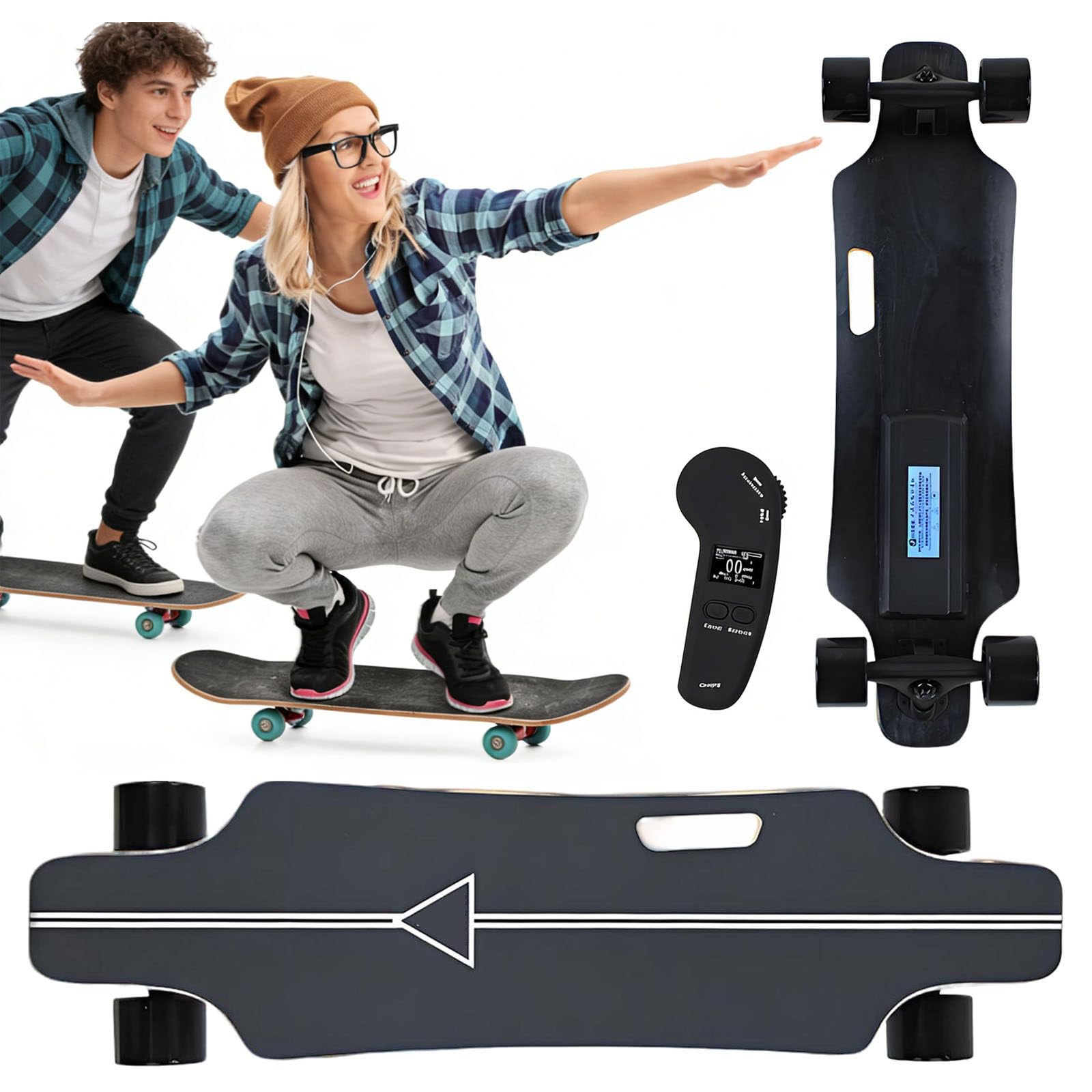 Skateboard électrique pour adultes, portée de 15 km, vitesse maximale de 25 km/h, longboard léger avec poignée de transport, moteur de 350 W et télécommande à 4 vitesses pour campus et voyages en