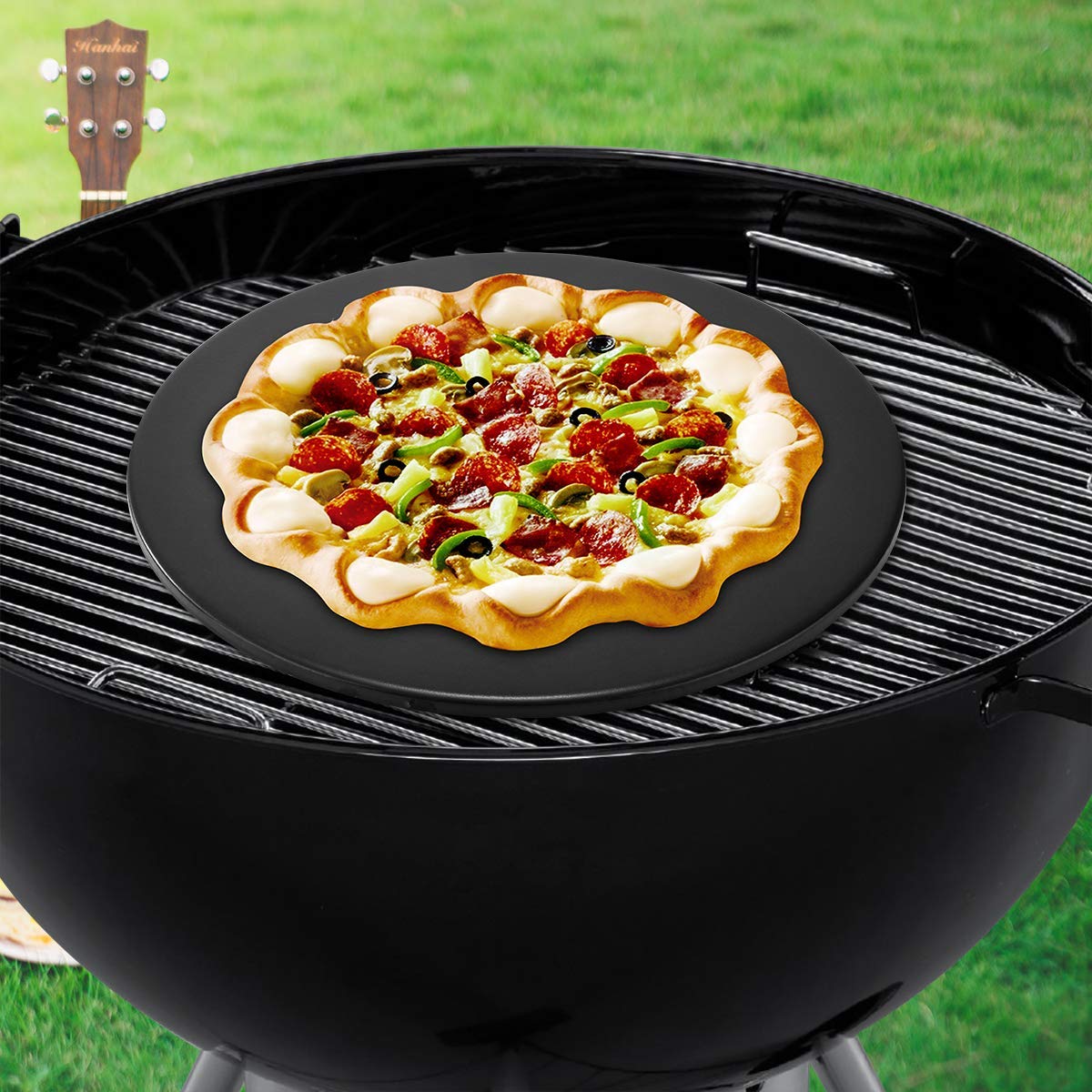 Pizzastein für Ofen, Grill, schwarze Glasur, BBQ, Backstein, rund, Keramik, fleckenfrei, Brotform (schwarz, 33 cm)