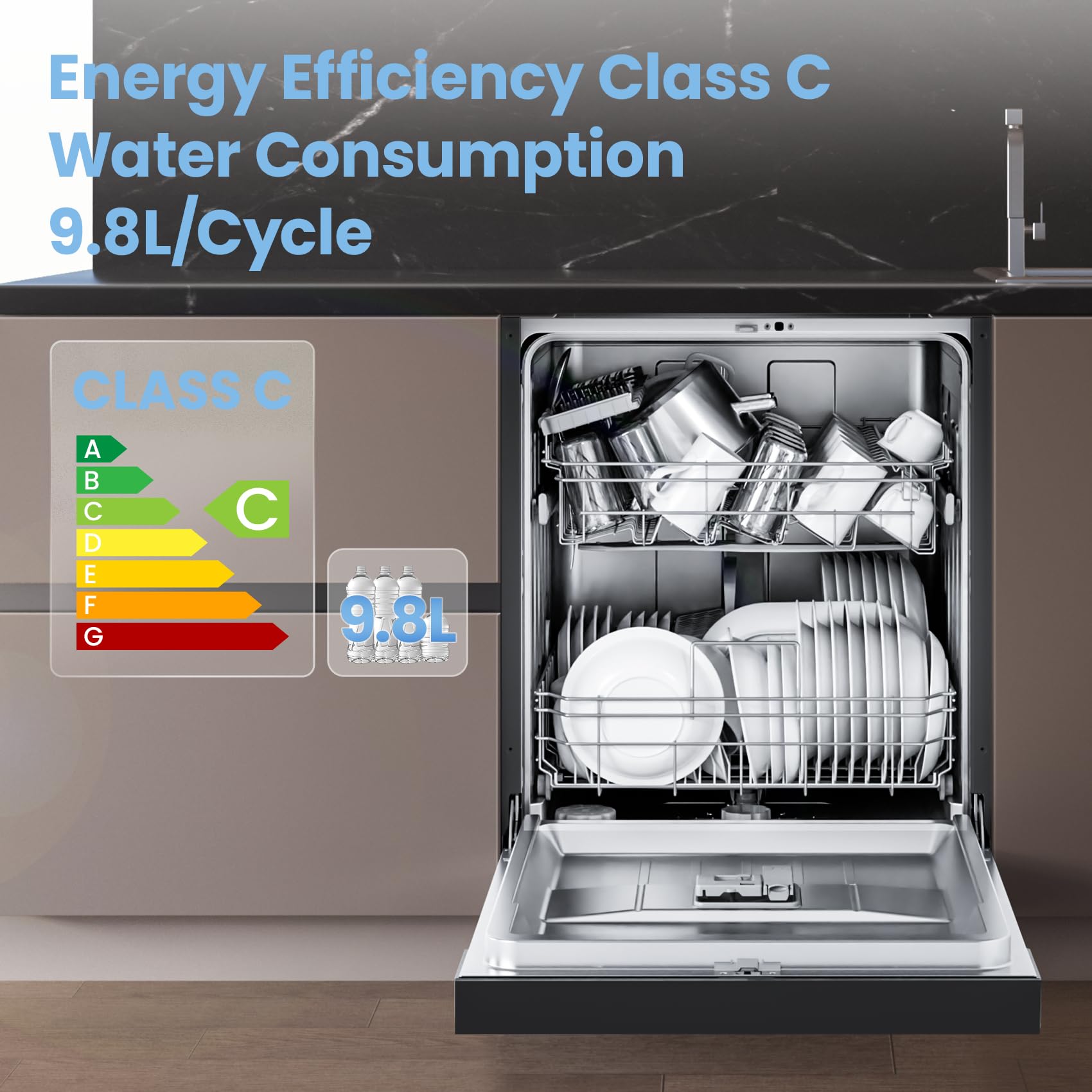 COMFEE' Freestanding Dishwasher with 14 Place Settings, 44dB Quiet Full Size Dishwashers, CDWEF1435EBC-UK, ECO Wash, Auto Open Drying, Half Load, Delay Start, Wide LED Display, Black — view 3