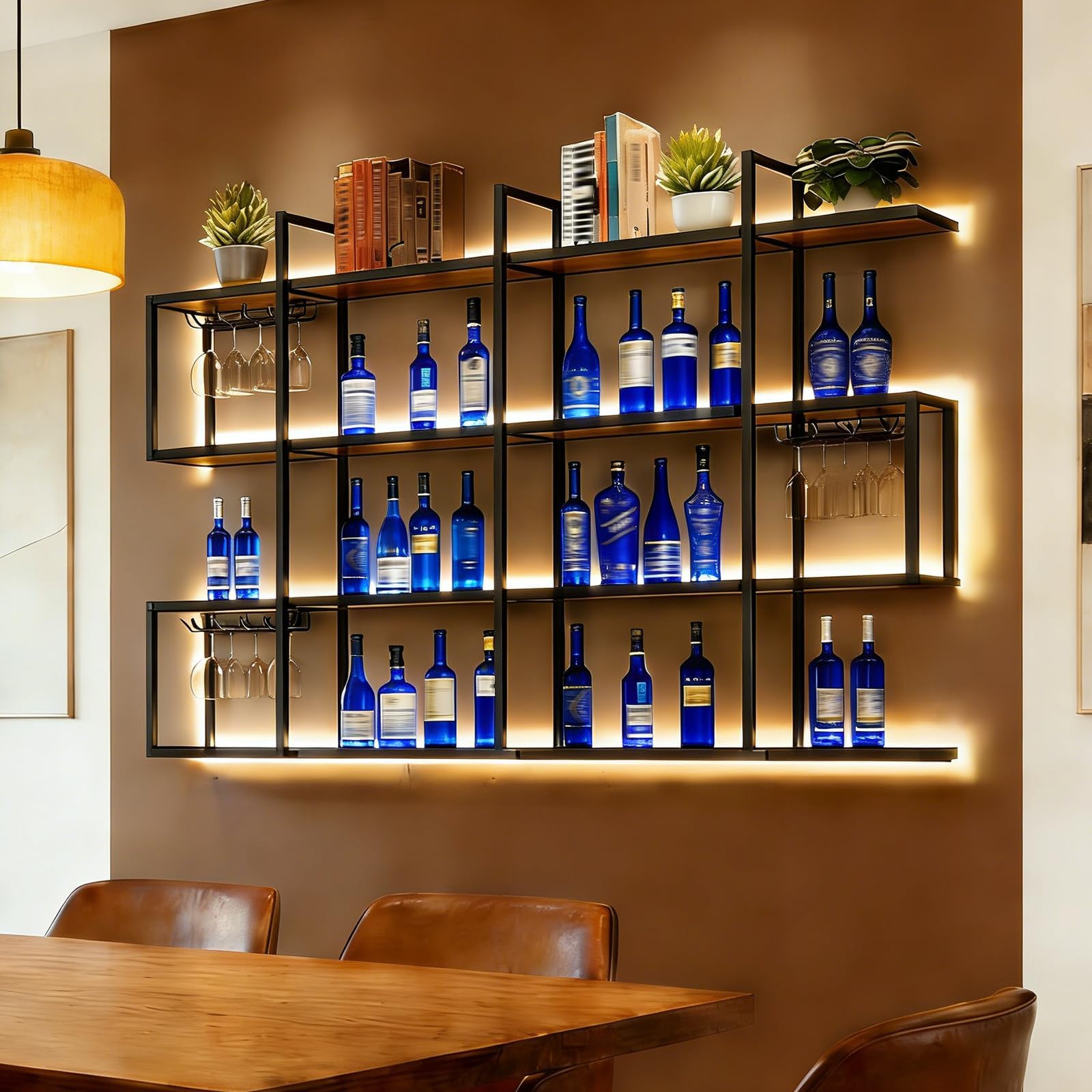 - 71in Large Wall Mounted Wine Rack with LED Lights, 4-Tiered Floating Wine Shelf Wood and Metal, Hanging Bar Liquor Bottles Storage Rack for Home Bar Dining Room (Black, 70.86inch/180cm)