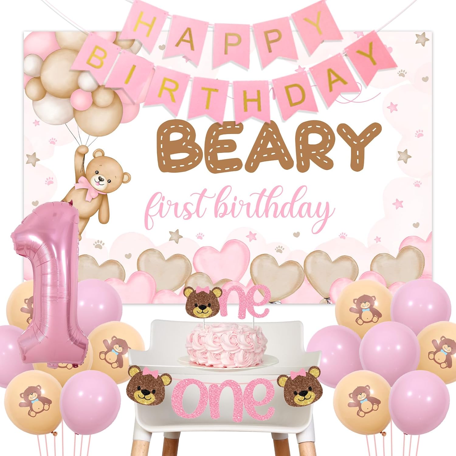 Bear 1st Birthday Decorations for Girls Pink Bear First Birthday Decors My Beary First Birthday Backdrop Happy Birthday One Banner for High Chair Balloon Decor for 1st Baby Girl