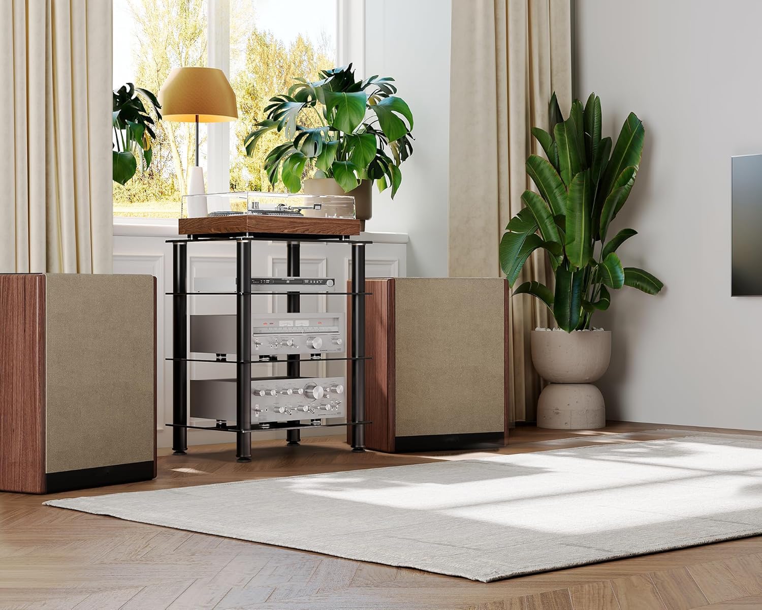 FITUEYES Meuble HiFi Verre Trempé Noir 4 Niveaux Hauteur Réglable 60×46×77 cm Charge 40 kg