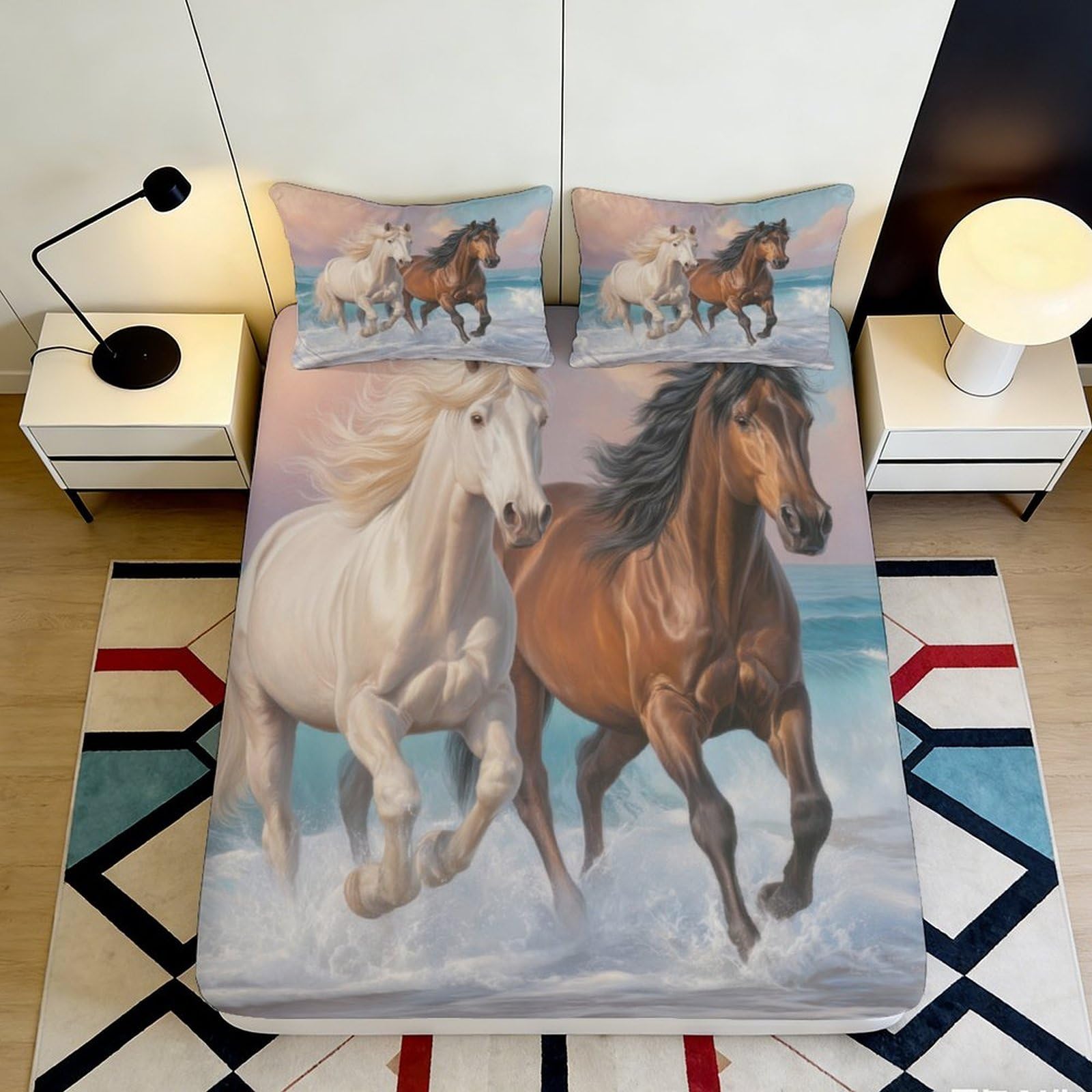 Zfldkwgb Style-8 3D Printed Running Horse Fitted Sheet Microfiber Soft Brown White Stallion Bed Cover For Bedroom Guestroom Decor 90X200x25cm