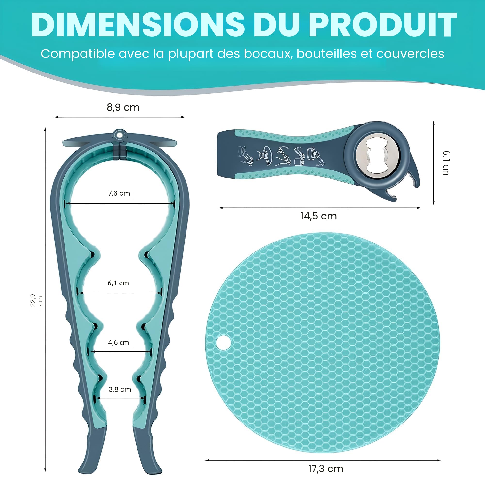 Ouvre-bocal multifonction 5 en 1 avec caoutchouc antidérapant pour mains faibles et arthritiques