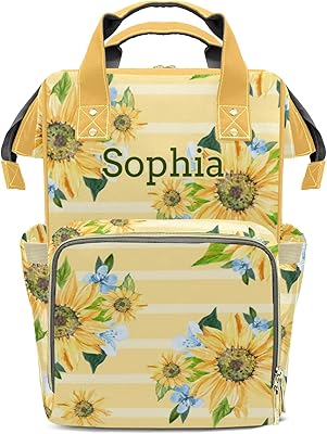 SunFancyCustom Yellow Bright Flowers with Stripes Cute Diaper Bag Baby Nappy Bag Daughter Multi-Function Custom Baby Bag Picnic Diaper Carrying Bag Unisex Gifts with Name