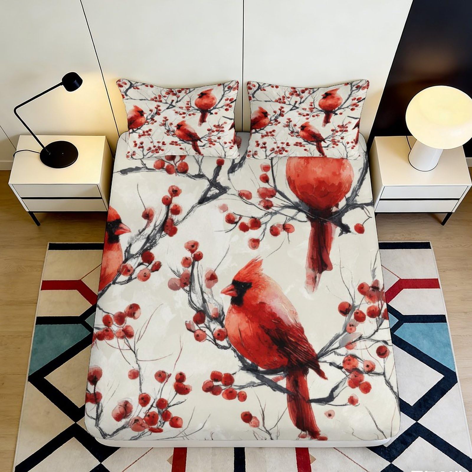 3D Printed Red Cardinal Bird Fitted Sheet Microfiber Soft Anti-Slip Berry Branch Mattress Cover Bedroom Decor 120x200x25cm