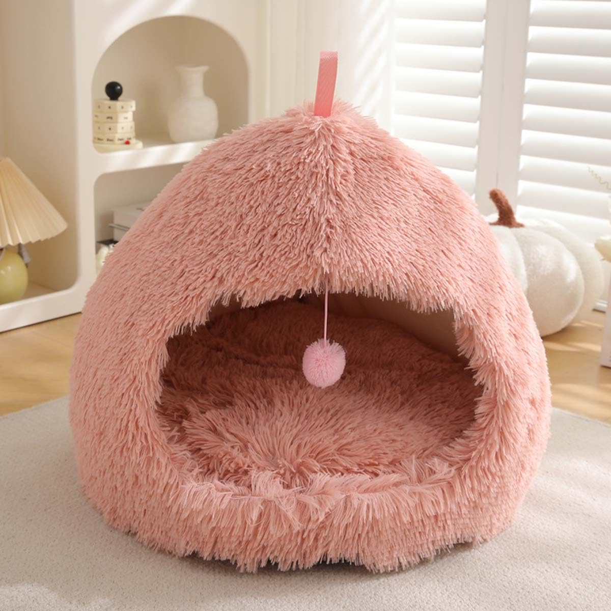 Cat Bed Igloo Cave for Cats Dogs, 2-in-1 Triangle Indoor Pet Tent Fluffy Plush Calming Dog Bed, Cat Nest House with Handle Washable Removable Pillow Cushion (M:51x51x43cm,Pink)