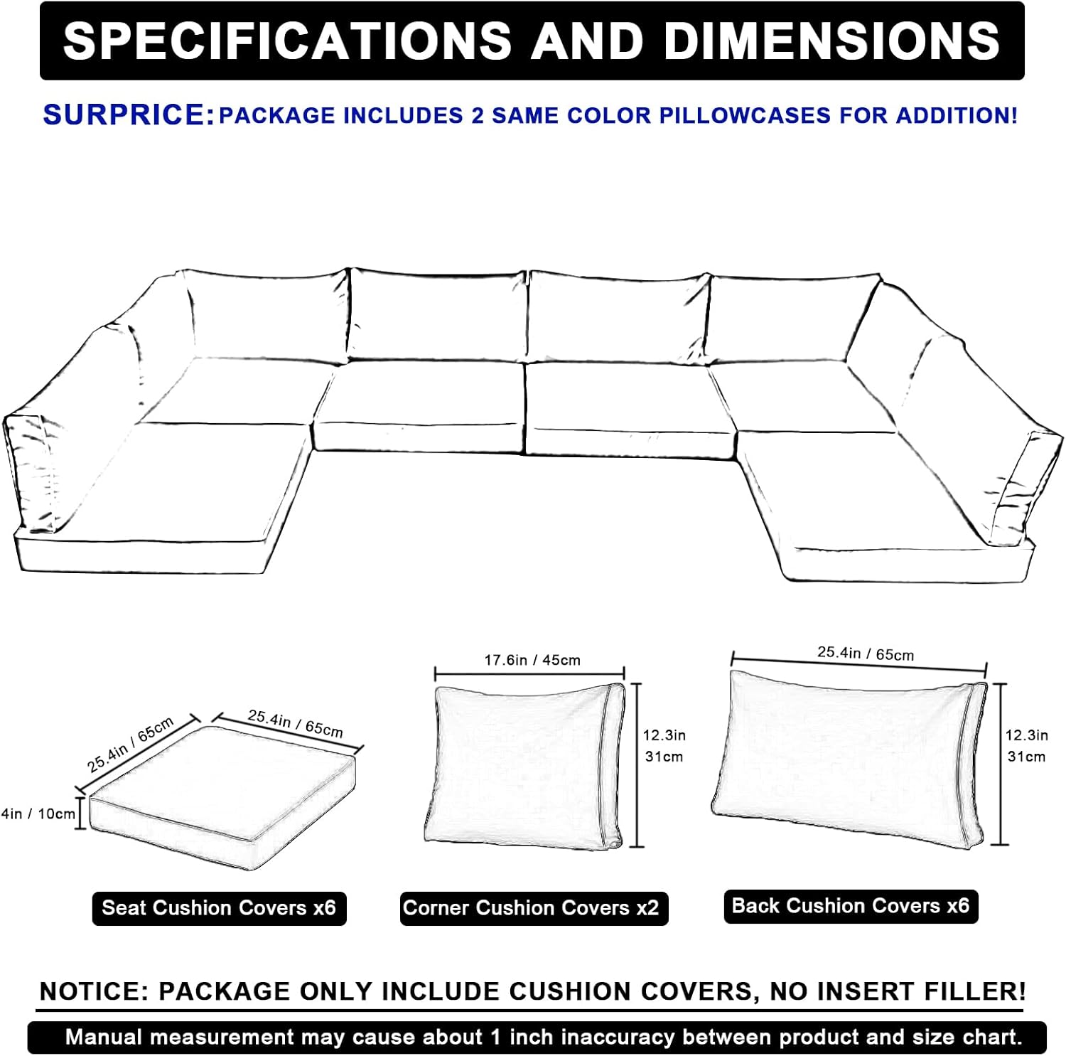 UNBBRRL 100% Waterproof Cushions Covers for Patio Outdoor Furniture, Sofa Cushion Covers with Zipper for 6-Seat Rattan Wicker Sectional Garden Conversation 14-Piece Sets (Dark Grey)