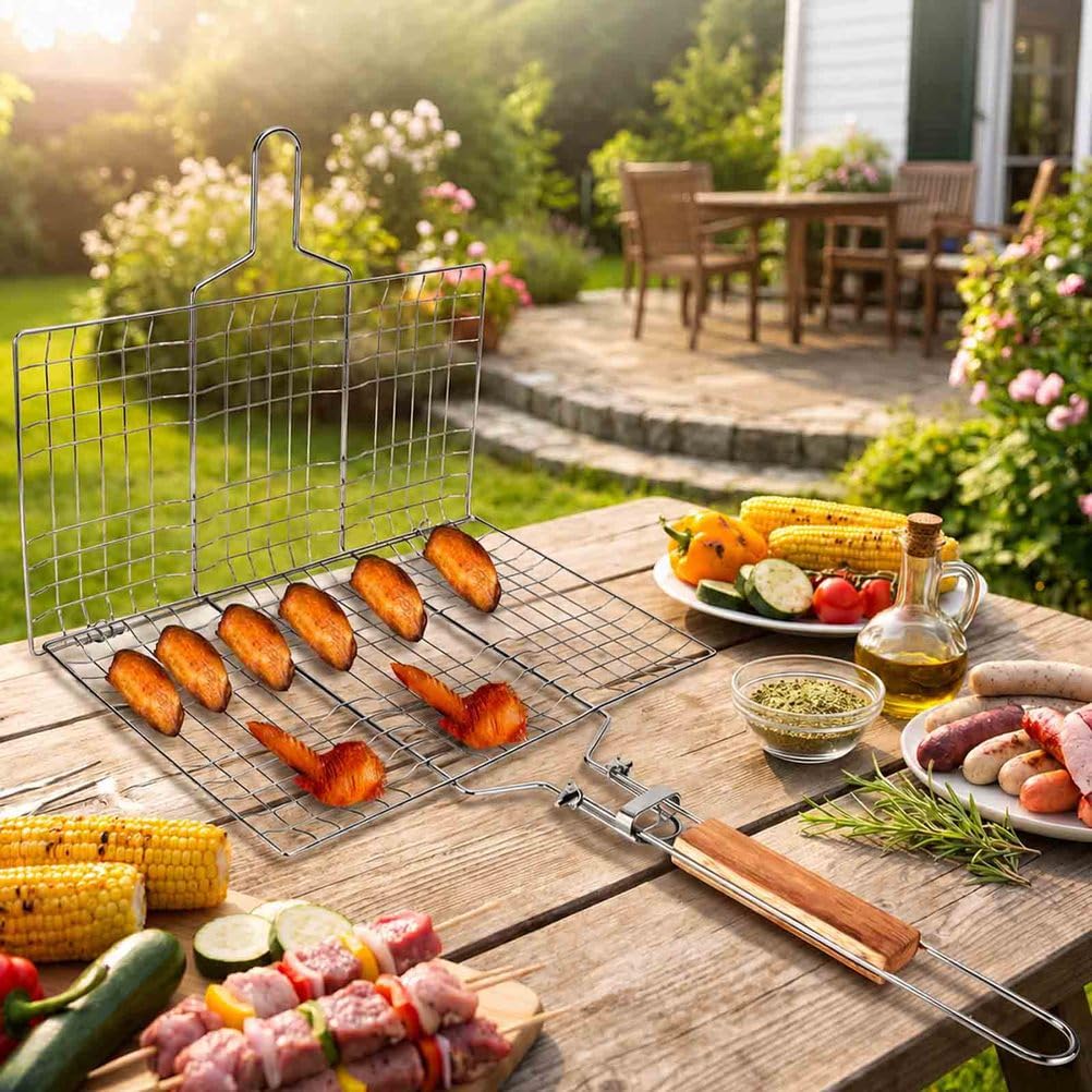 Cestello Grill BBQ con Blocco, Cestello Pieghevole in Acciaio Inox con Manico in Legno, Barbecue Portatile per Pollo, Pesce, Verdure, Bistecca e Cucina Esterna | 1