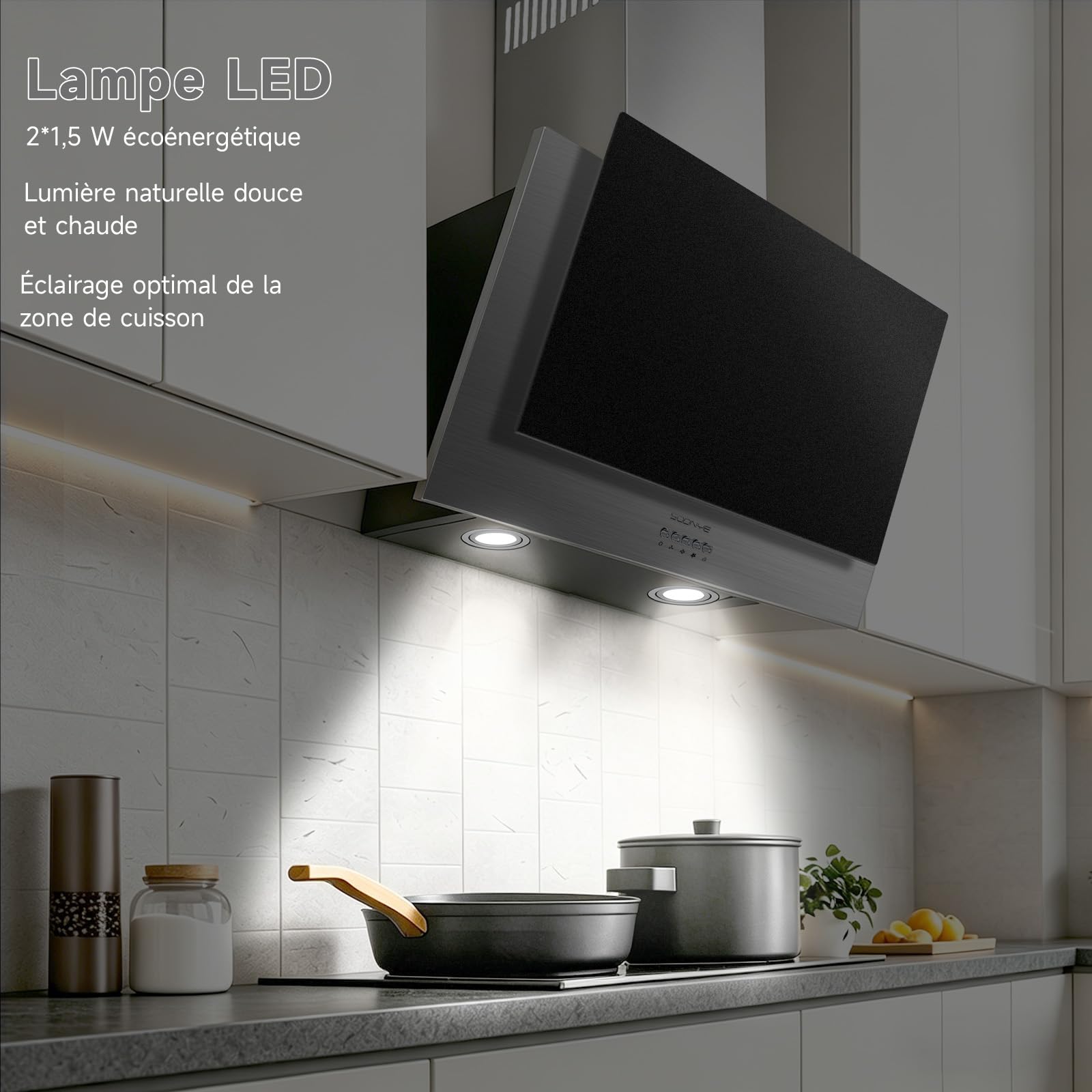 Hotte Aspirante Inclinée 60cm Classe A+++, Hotte Cuisine 370m³/h, Noir Verre Dépoli,Filtres à Charbon Inclus,Hotte Murale Evacuation ou Recyclage