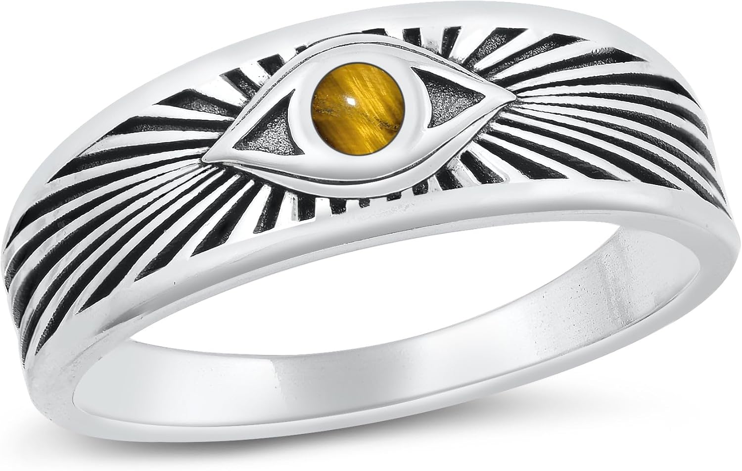 Simulated Tigers Eye All Seeing Evil Eye of Providence .925 Sterling Silver Ring Sizes 5-10