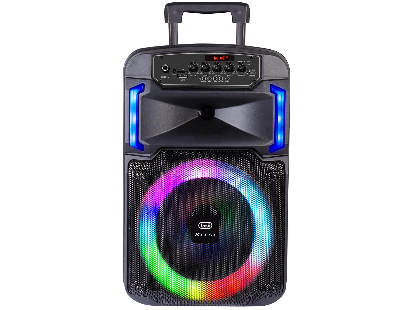 Trevi XF 370 KB Speaker Wireless 25W, Altoparlante Portatile con Trolley e Microfono Dinamico per Karaoke, Connessione Audio Wireless, USB, Micro SD, Batteria al Litio Integrata