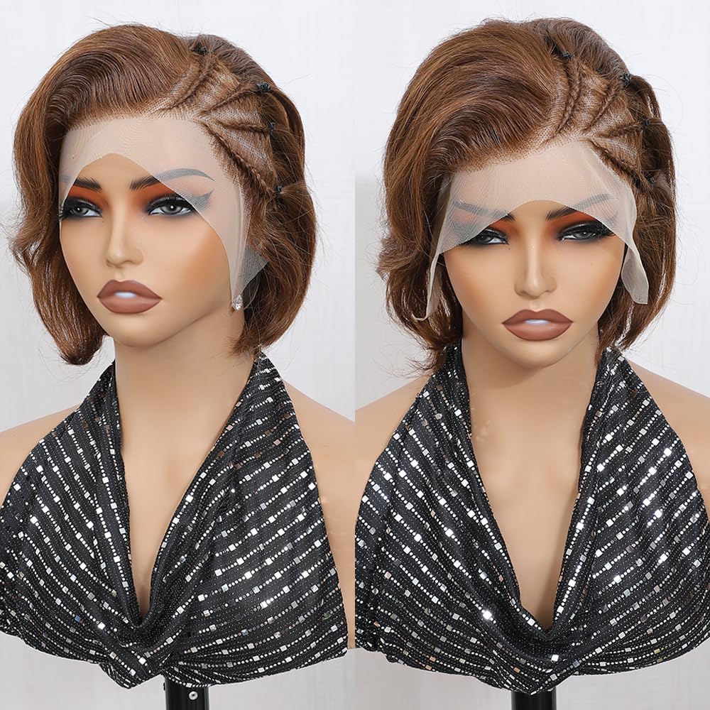 REMY HAIR FASHION Pixie Cut Wig Human Hair Meidum Brown Short Braided Lace Front Wigs Brazilian Straight Pixie Wigs For Black Women Pre Plucked
