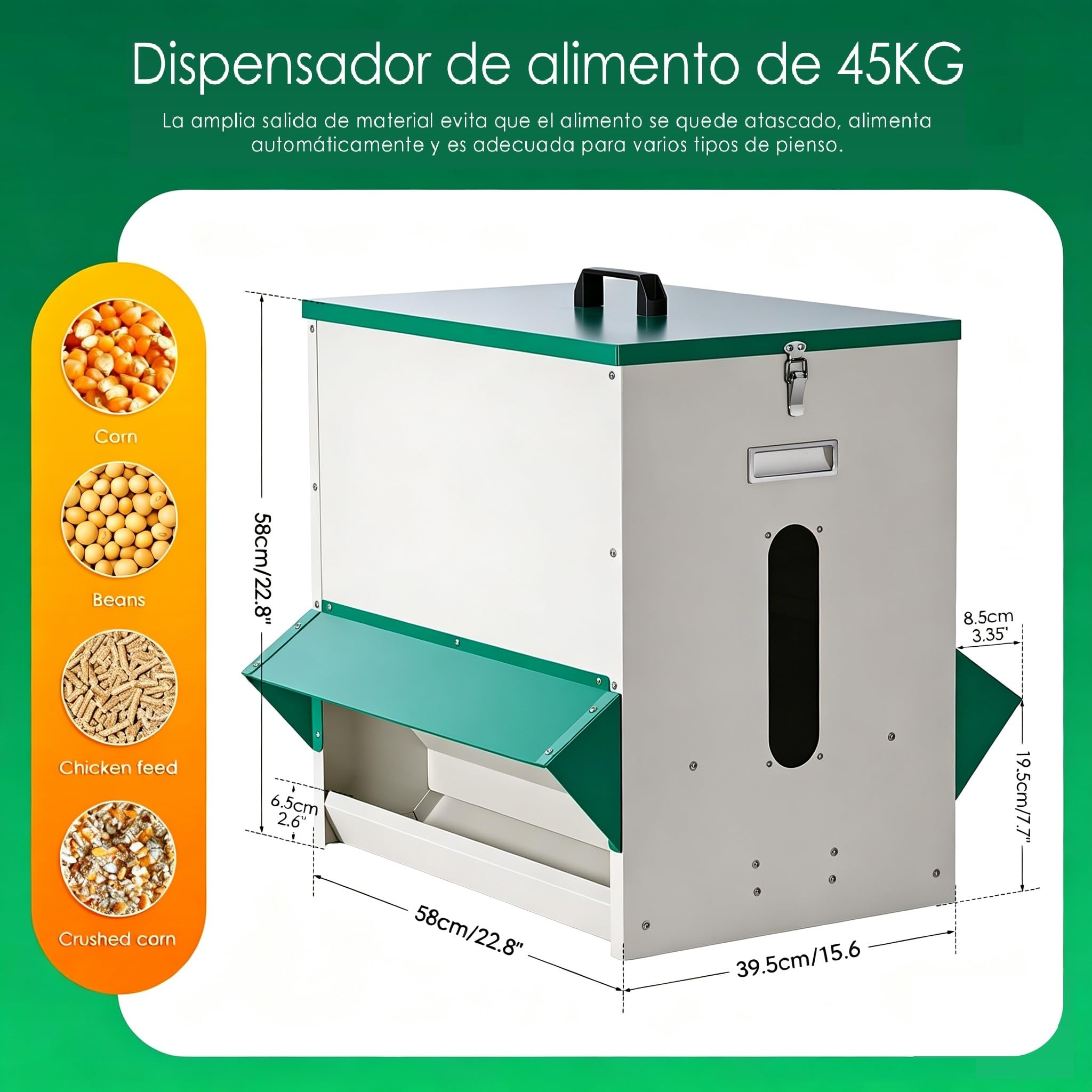 Comedero Gallinas Metalico 45kg Dispensador Automático, Alimentador Grande | Diseño Exterior Estable y Resistente a La Lluvia, Reduce La Carga de Trabajo