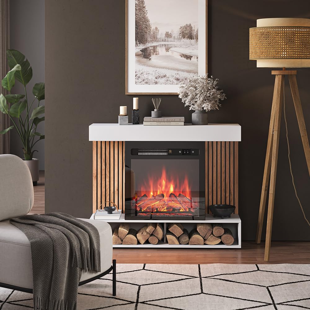 Vicco Caminetto elettrico "Lynea", Bianco, 100 cm | con effetto fiamma realistico e riscaldatore da 1800W, utilizzabile a parete o autoportante