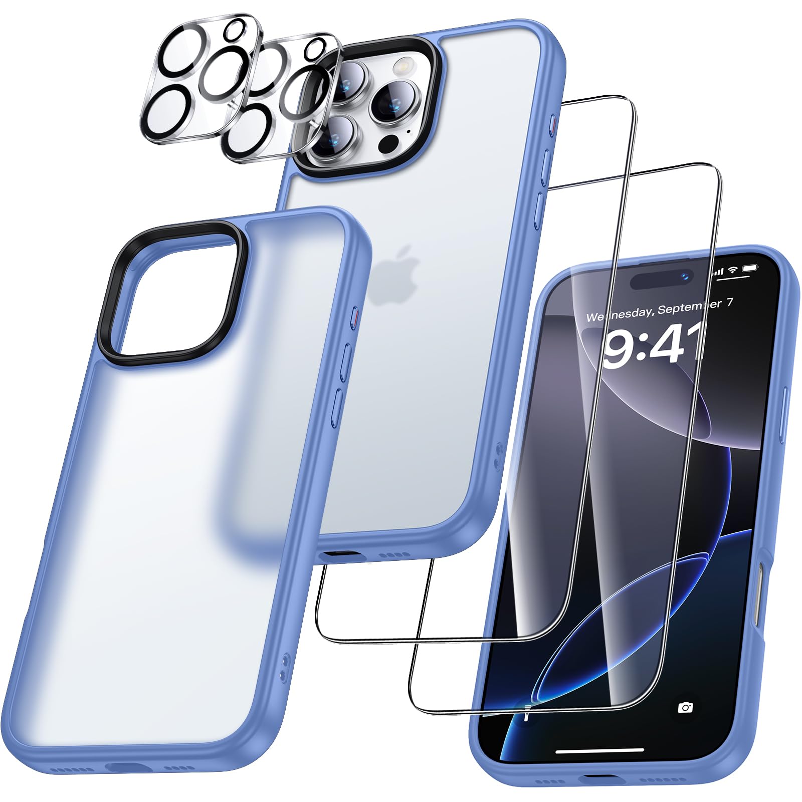 UniqueMe für iPhone 16 Pro Max Hülle, 5-in-1-Set Handyhülle für iPhone 16 Pro Max Case Rundumschutz Schutzhülle Cover,1 Handyhülle & 2 Schutzfolie & 2 Kameraschutz - Matt Hellblau