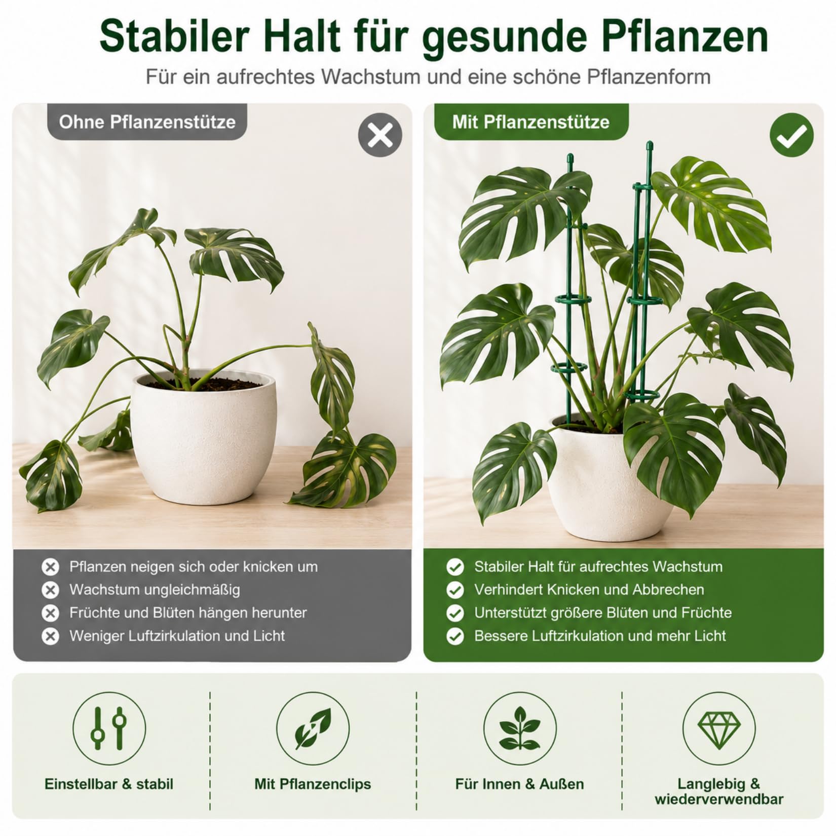 6 sztuk podpórki do roślin 30 cm, Regulowany uchwyt do roślin pnących z klipsami, Podpora do roślin dla Monstera, Orchidei, Pomidorów, Róż i innych kwiatów (zielone)