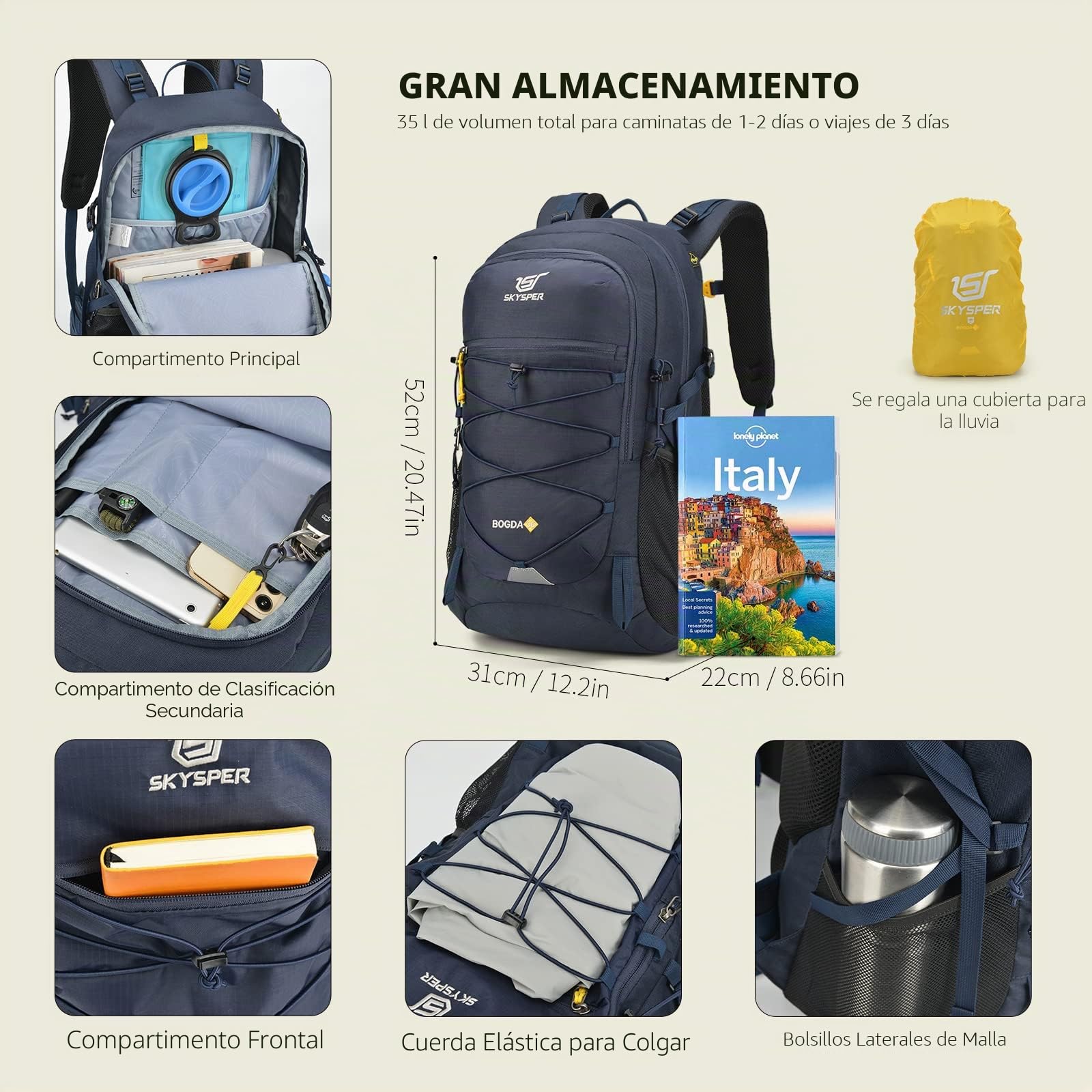 SKYSPER Mochila de Senderismo 35L Impermeable Trekking Hombre Mujer Viajes Acampada Montaña