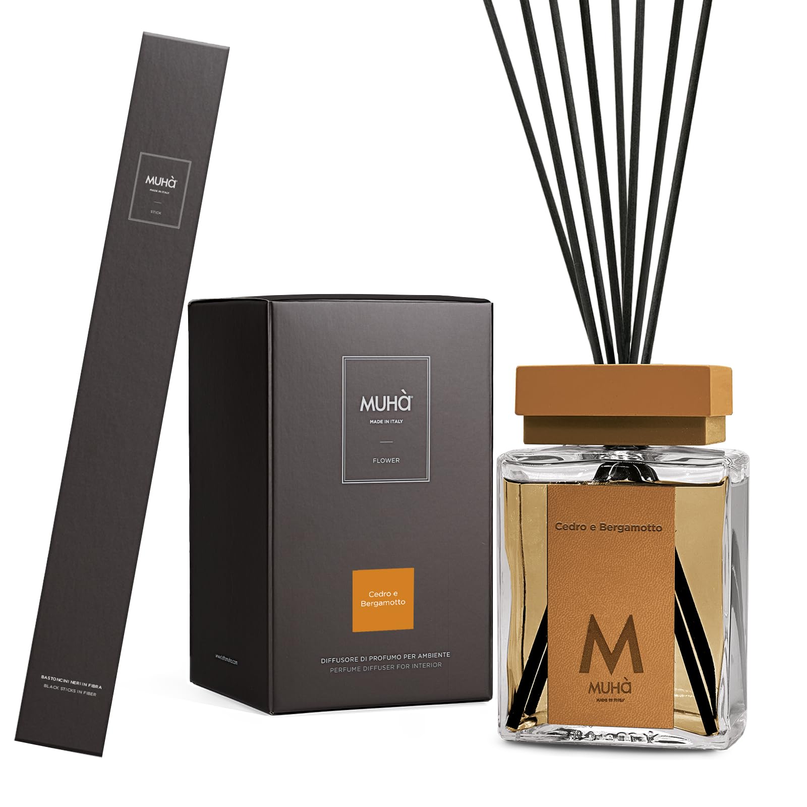 MUHA' | Raumduft Perfume Diffuser, Duft Zeder und Bergamotte, Raumduft mit Stäbchen, Format 500 ml