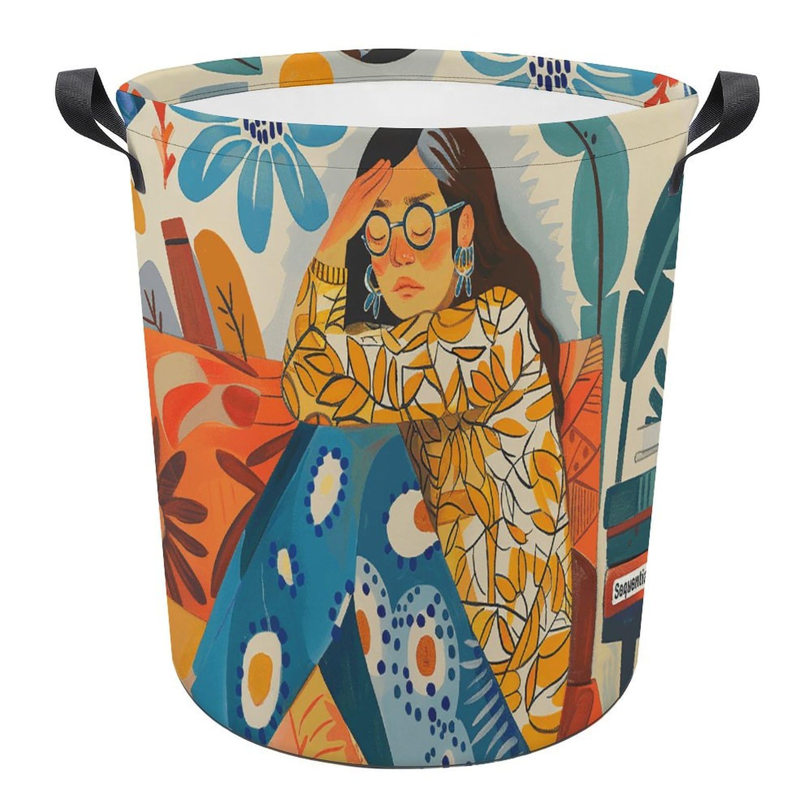 Panier à linge pliable avec imprimé femme en pyjama pour buanderie familiale