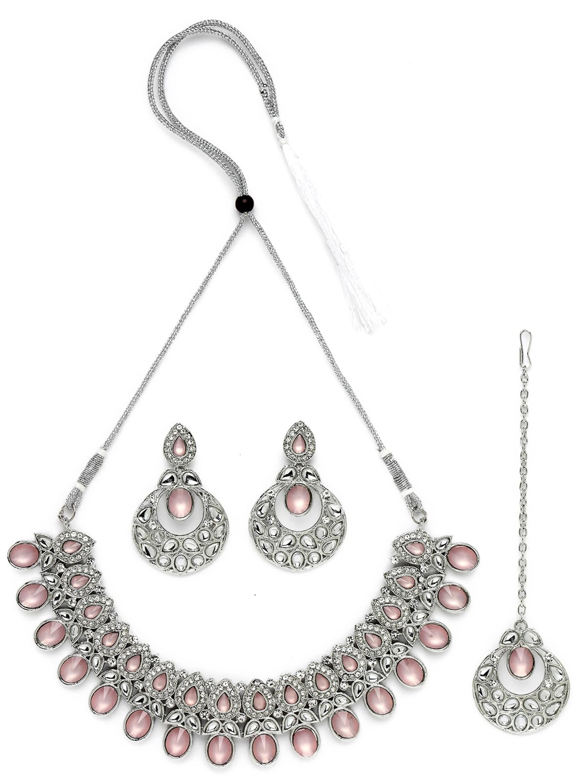 Sukkhi Felicitous Rhodium Plated Pink AD Stone Collar Bone Necklace Set With Earring And Maangtika | Jewellery Set For Women (NS105724) (B0CBBCLGBF) Amazon Price History, Amazon Price Tracker