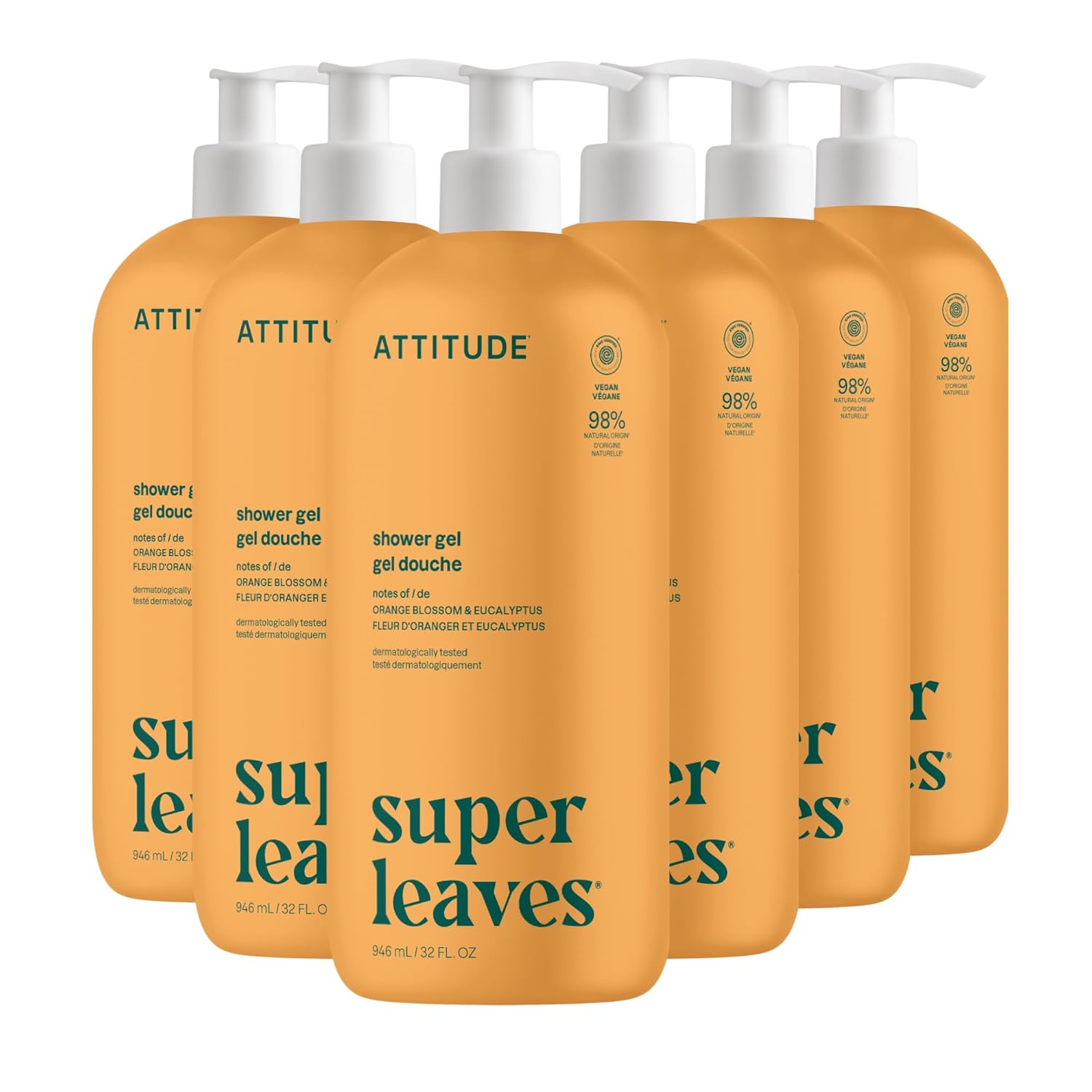 ATTITUDE Body Wash, EWG Verified Shower Gel, Dermatologically Tested, Plant and Mineral-Based, Vegan Personal Care Products, Orange Blossom & Eucalyptus, 32 Fl Oz (Pack of 6)