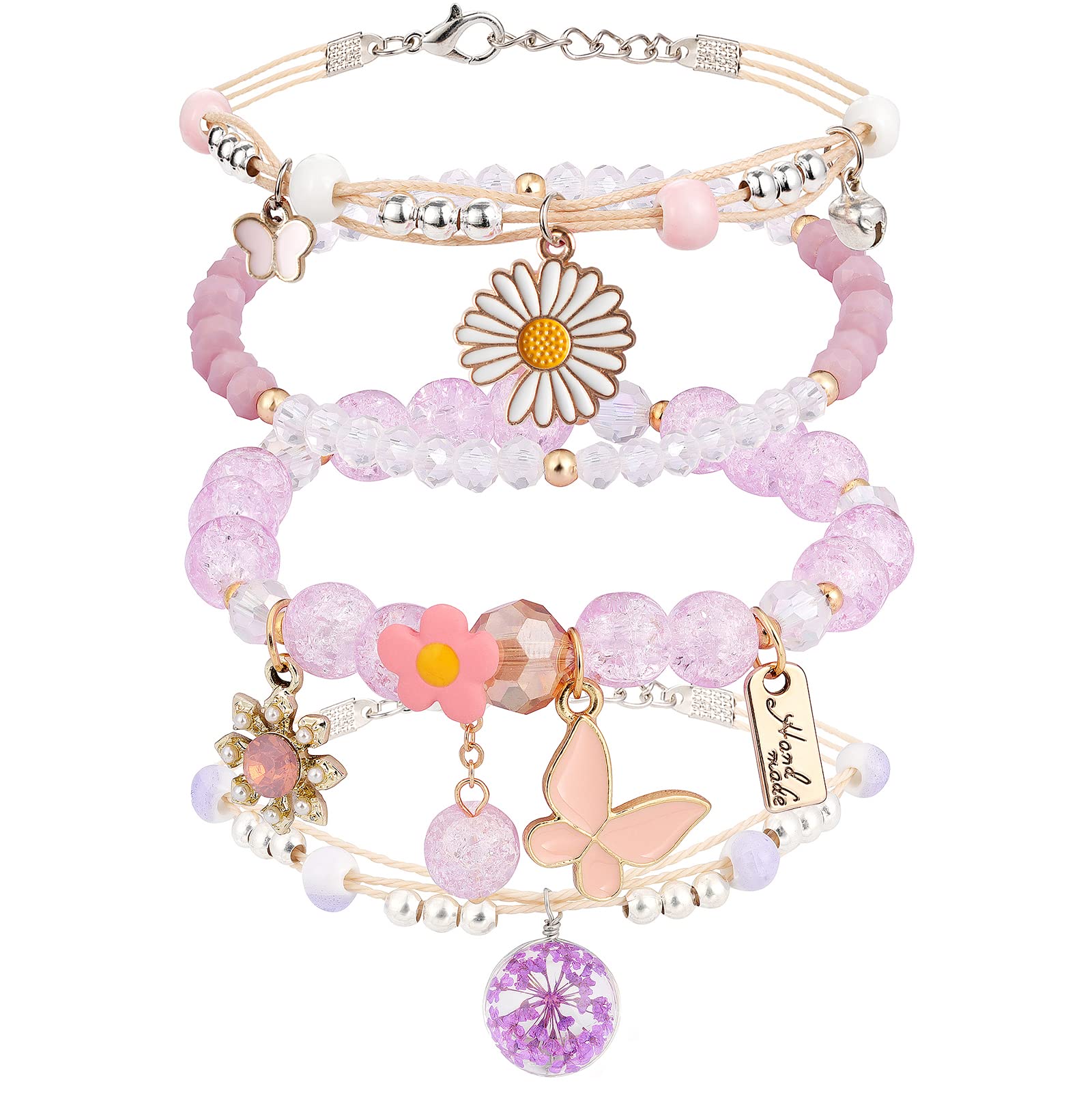DS4PCS Beaded Charm Bracelets for Teen Girls Dainty cute cartoon Crystal Beads Pearl Bracelets anklets set for woman and girls Adjustable Stretch bracelet birthday Gift For Friends