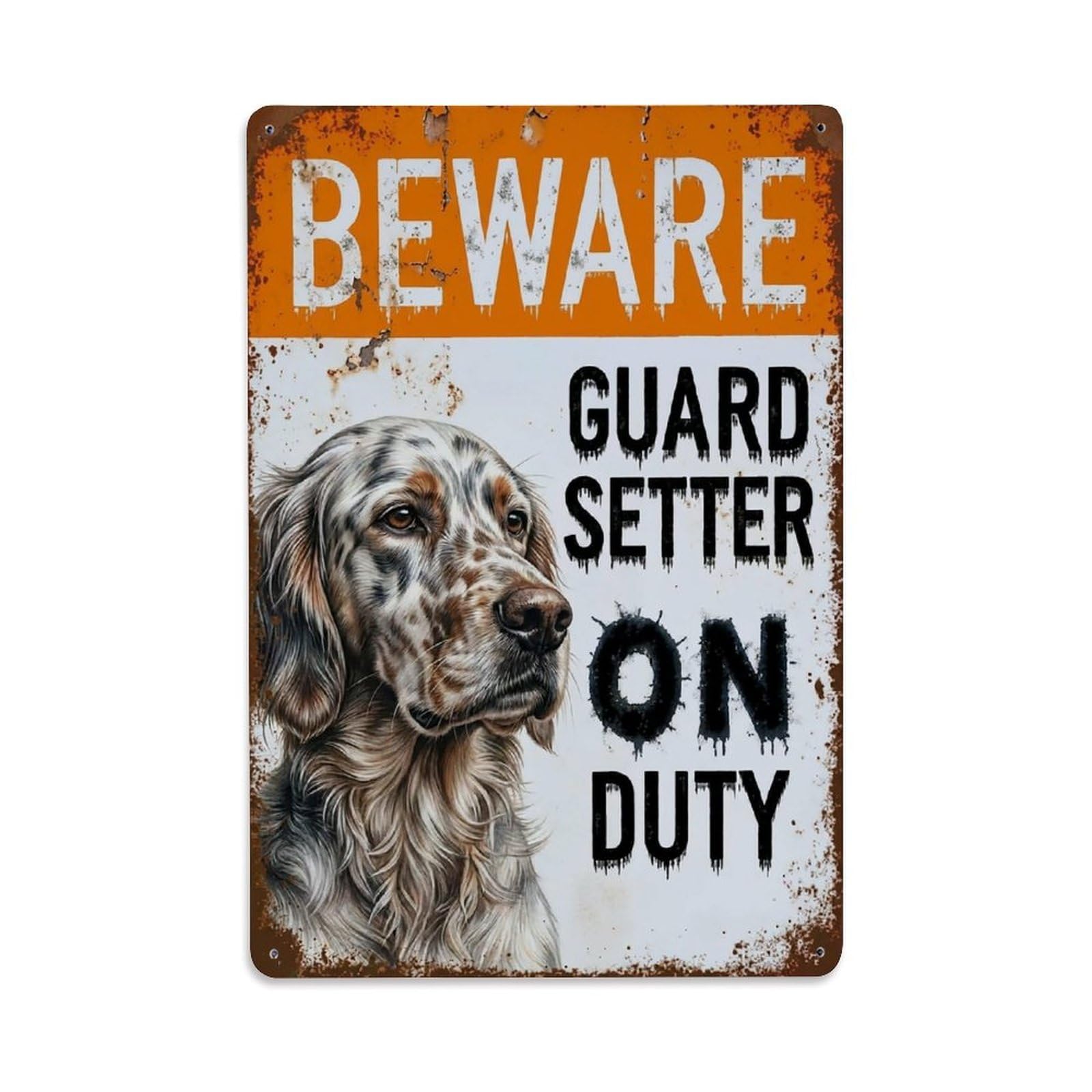 Vintage Funny Setter Guard Beware of Dog Terrace Metal Tin Sign Plaque Wall Decor for Cafe, Club Bar, Office, Garden Metal Poster 8x12Inch