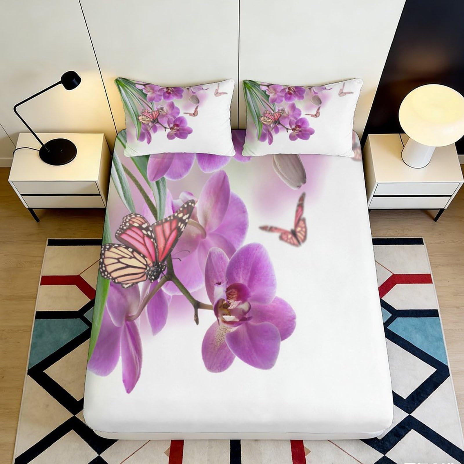 3D Printed Orchid Butterfly Fitted Sheet Microfiber Non-Slip Mattress Cover for Bedroom Guest Room Decor, Easy Care 180x200x25cm