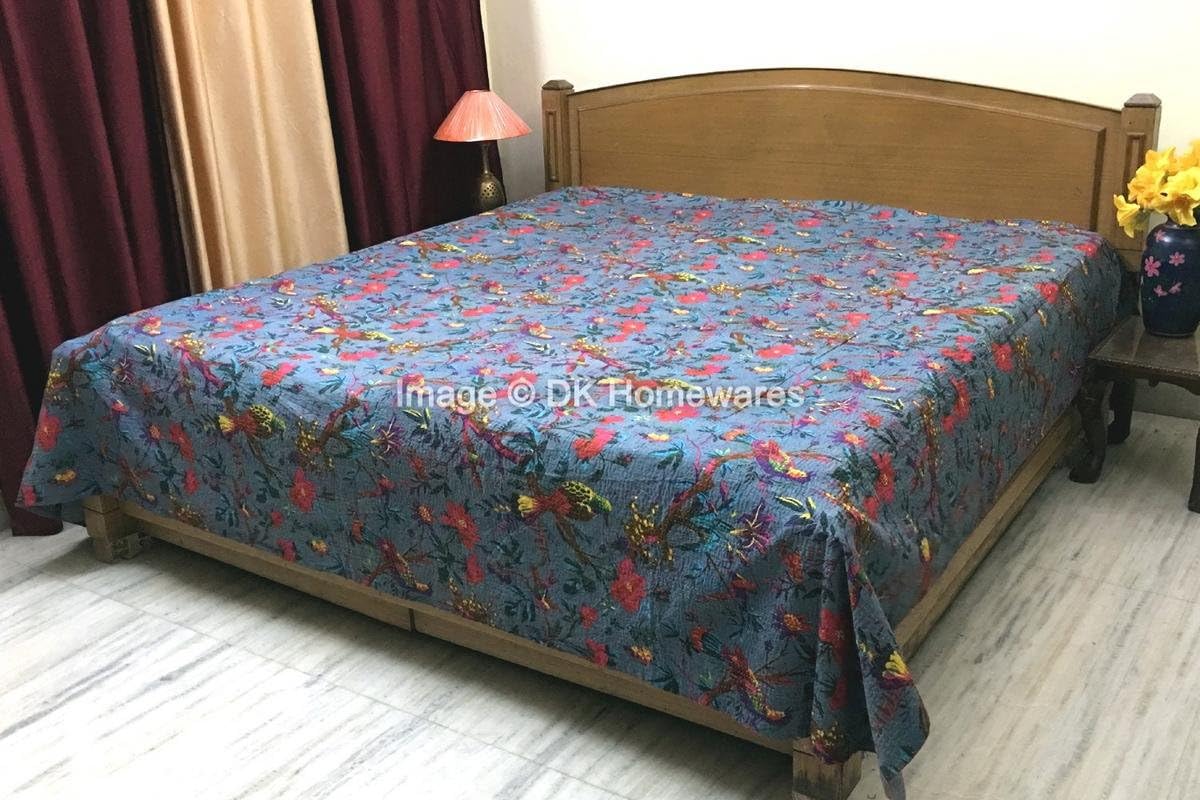 Indian Handmade Grey Queen Size Bedspread Cristmas Décor Cotton Kantha Work Bird Printed Hand Crafted (108 x 90) -Set of 1 Quilt Bedspread