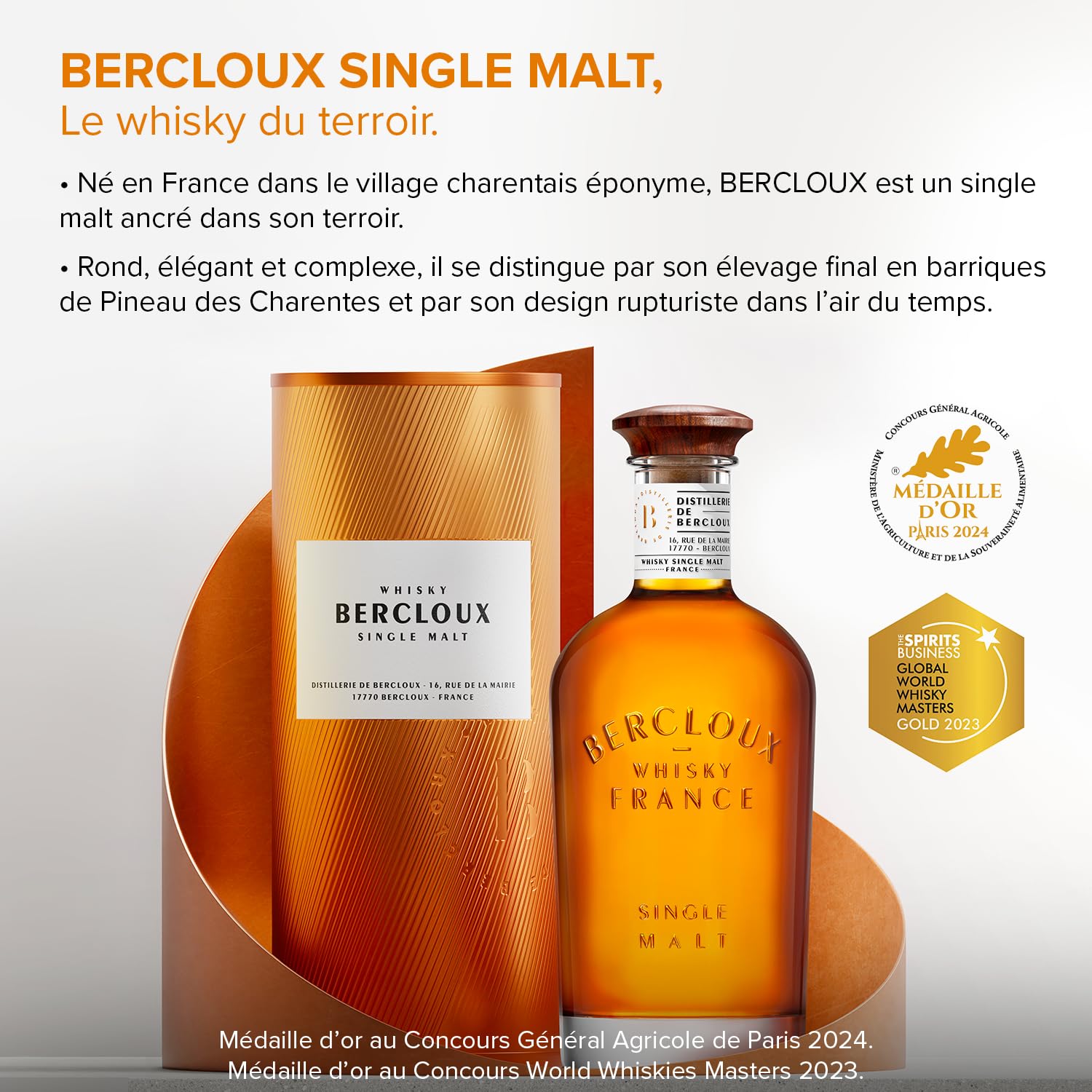 BERCLOUX - Whisky Single Malt Français – Médaille d’or au Concours Général Agricole de Paris 2024 & World Whisky Masters 2023 - Origine : 100% France - 40% Alcool - Bouteille 70 cl