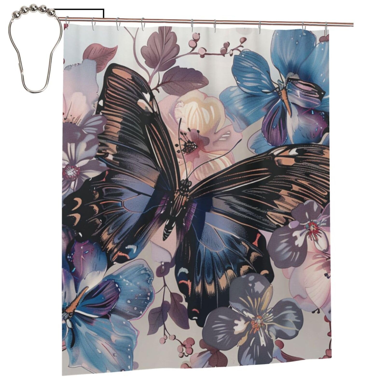 BWWHCCTI Butterfly flower Printed Shower Curtain With 12 Iron Hooks Opaque Quick Drying Waterproof Shower Curtains Sets For Bathroom 152x183 Cm