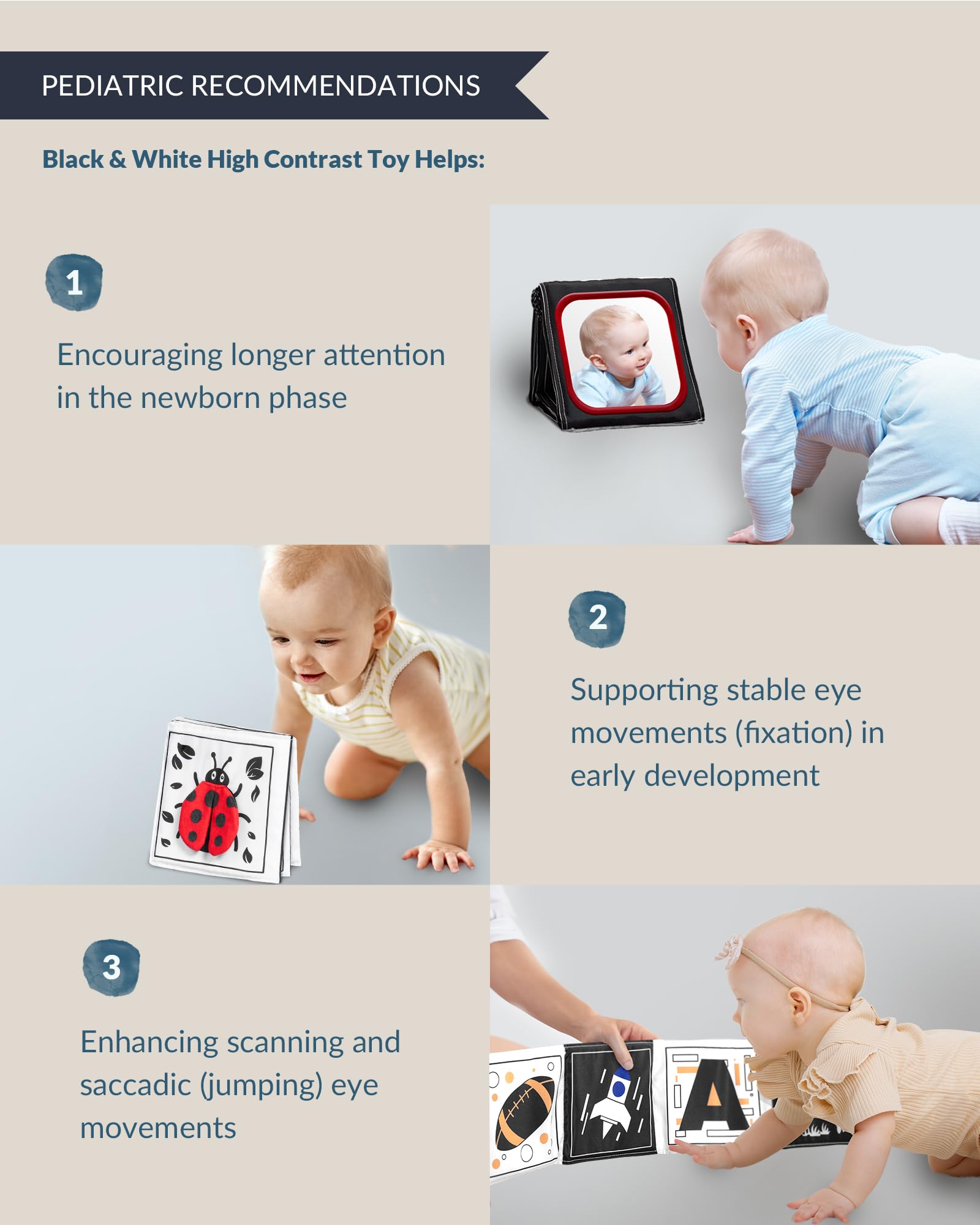 Juguetes para bebés de alto contraste en blanco y negro para recién nacidos de 0 a 6 meses, tarjetas de contraste y libro sensorial para bebés con espejo, juguetes infantiles para estimulación visual 3