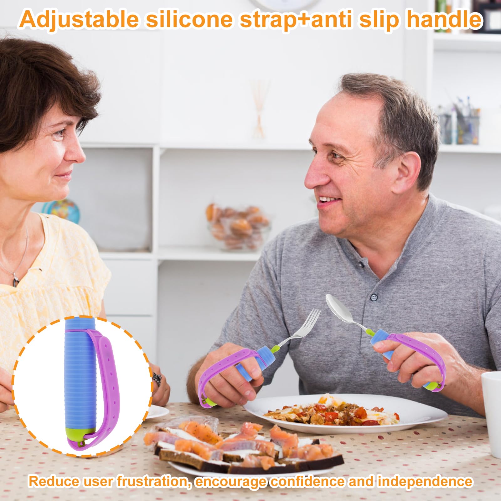 Juego de utensilios adaptativos con mango antideslizante y correa ajustable de silicona giratoria de 360° para discapacitados Ayuda a comer con cuchara y tenedor de acero inoxidable para