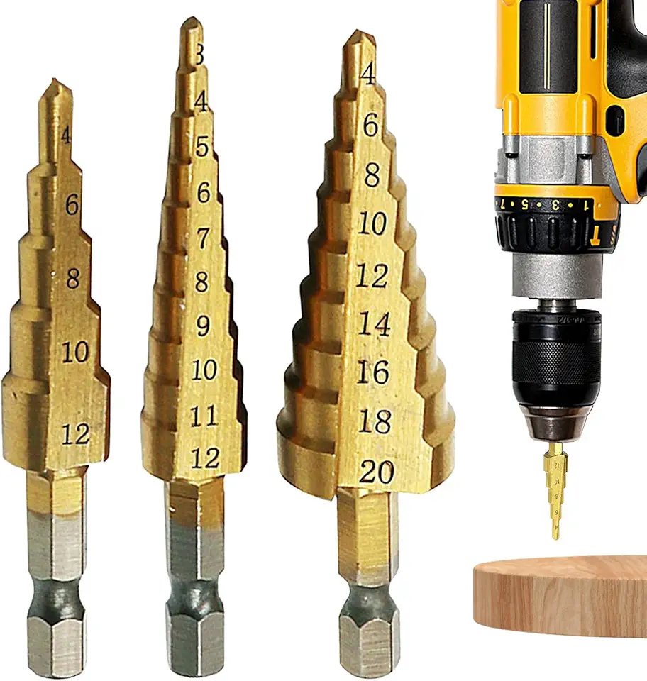 Conjunto de brocas de 3 peças - Broca de perfuração de metal hexagonal durável - Degrau ranhurado em espiral de perfuração mais rápida para aço, broca escalonada cônica para placas de ferro finas