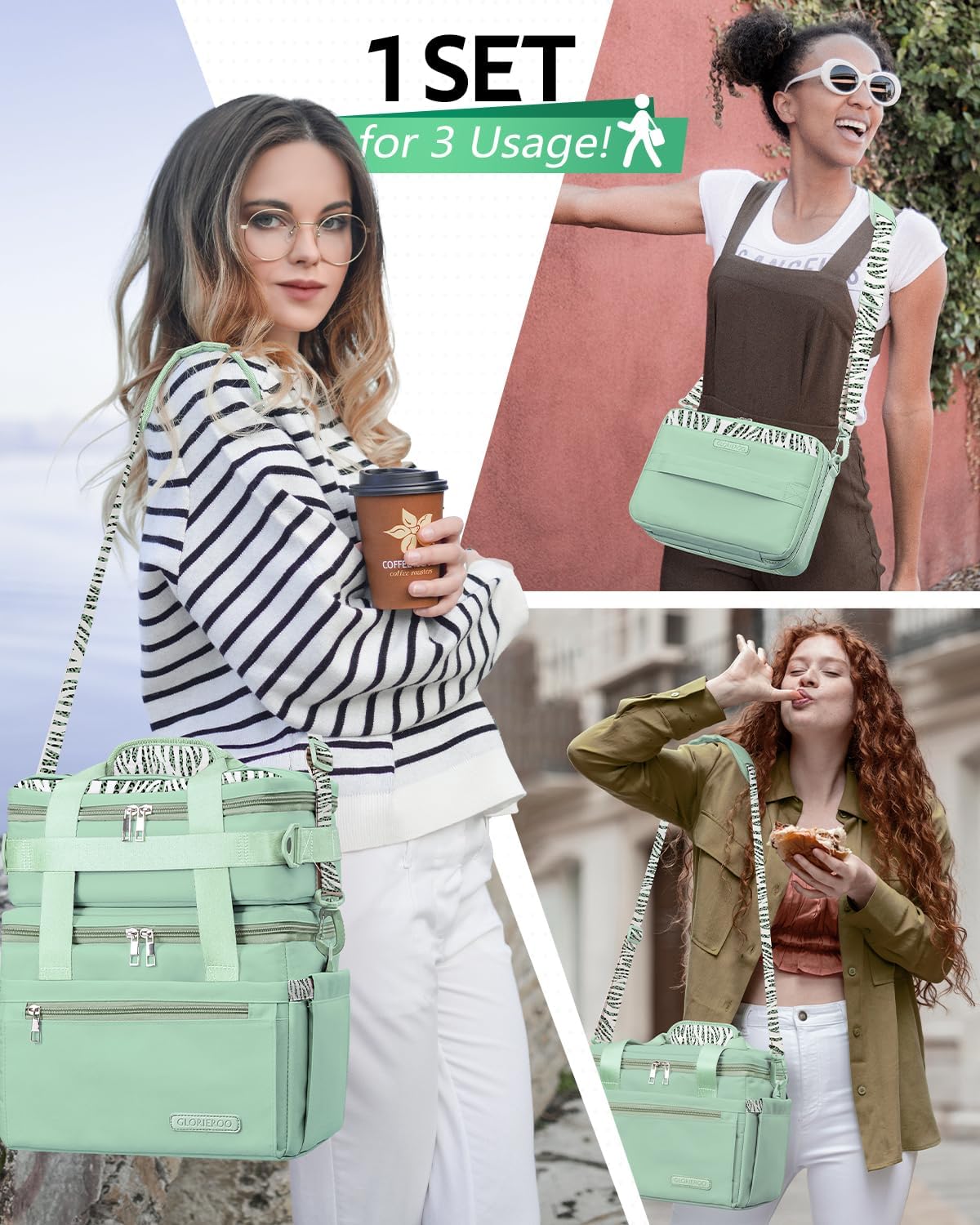 GLORIEROO Large Lunch Box Bag Women - 3 in 1 Large & Small Bags for Separate or Combined Use - Insulated Leak-Proof Cooler for Work Travel Picnic - Christmas Gifts for Women Mom