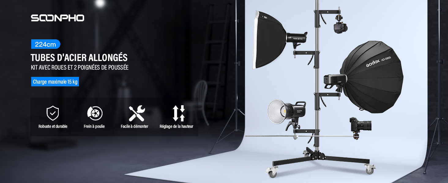 Soonpho WS-300 Pro Light Stand 100% Acier Inoxydable Pied De Lumière C Avec Roulettes Et Potence,Metal Heavy C-Stand Poids Lourd Hauteur Max. 300 Cm (9,84 Pieds) Pour Réflecteurs,monolampes