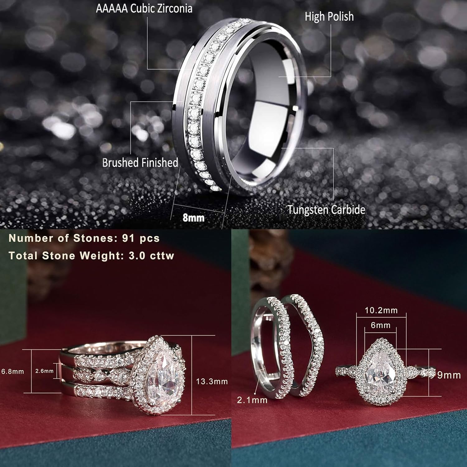 Newshe Jewellery Wedding Rings Set for Him and Her Teardrop Womens Bridal Set Sterling Silver Engagement Ring for Couples Tungsten Mens Bands Promise Anniversary Size