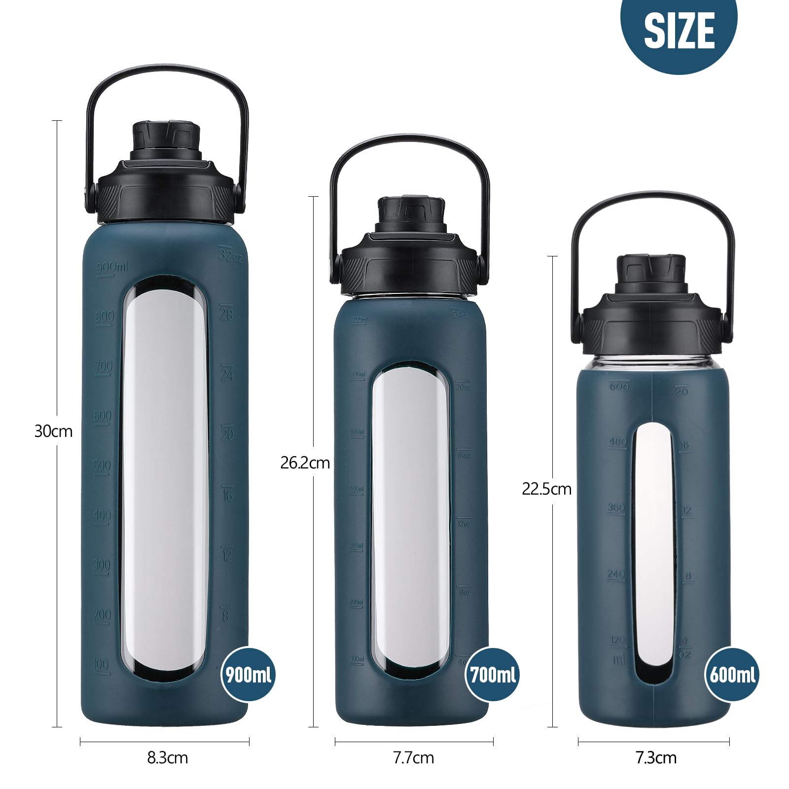 BLUEGO Borraccia Vetro 700ml con 2 Coperchi e Cannuccia, Sportiva Bottiglia d'Acqua con Custodia in Silicone e Indicatori di Tempo, Senza BPA, Blu scuro