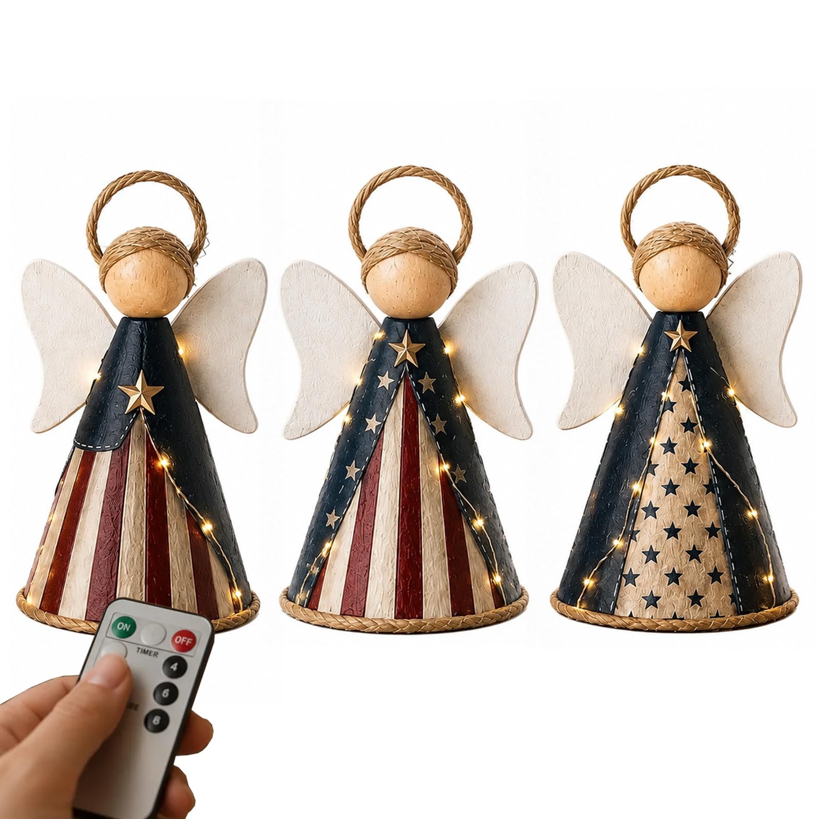 Lighted Angel Figurine Decor, Rustic Farmhouse Angel Tabletop Decoration with LED Lights, Patriotic Home Decoration and Gift, for Christmas, Seasonal Holidays (3Pcs)